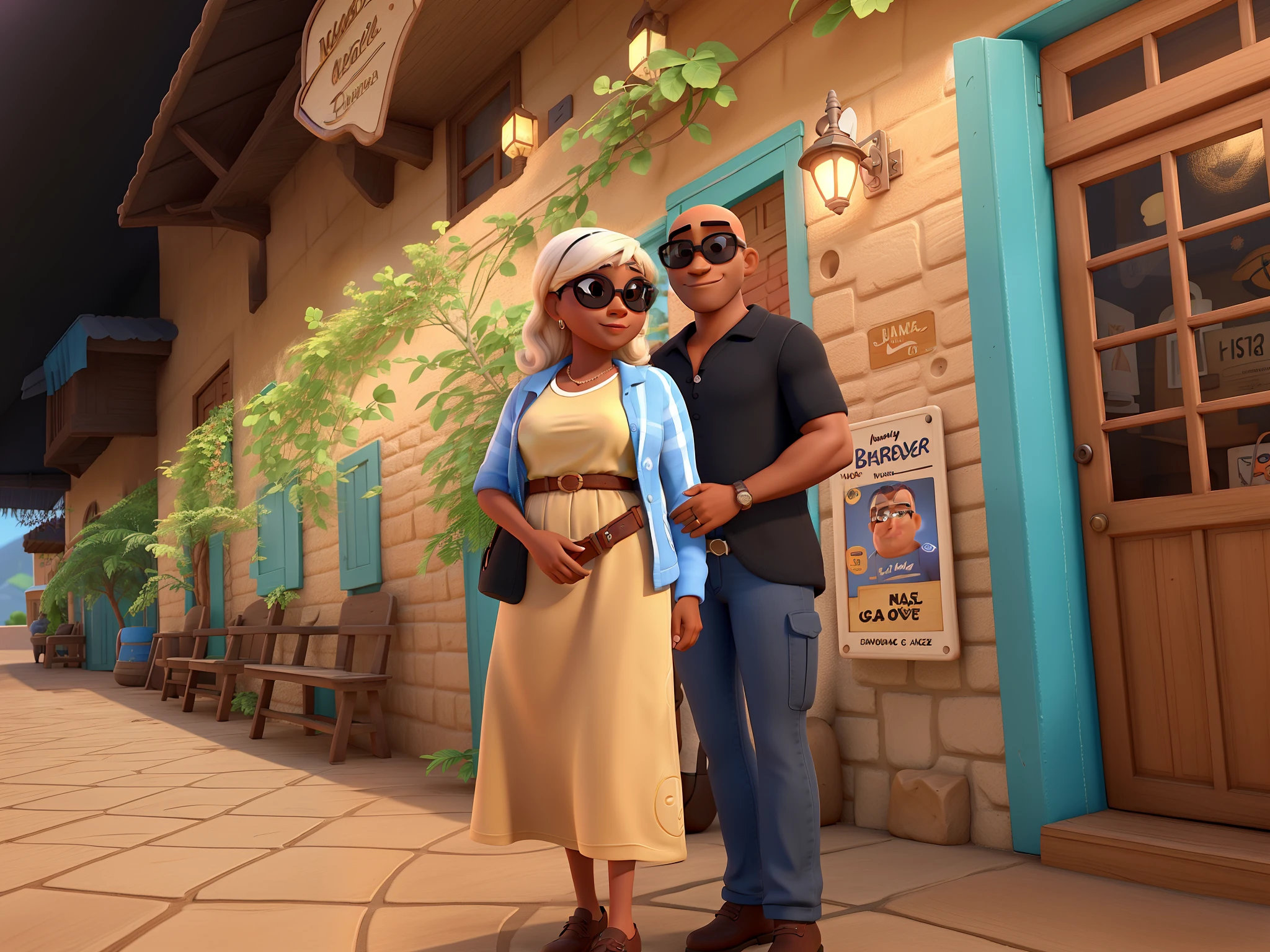 A woman in sunglasses, um homem branco e um homem negro careca estilo disney pixar,
alta qualidade, melhor qualidade