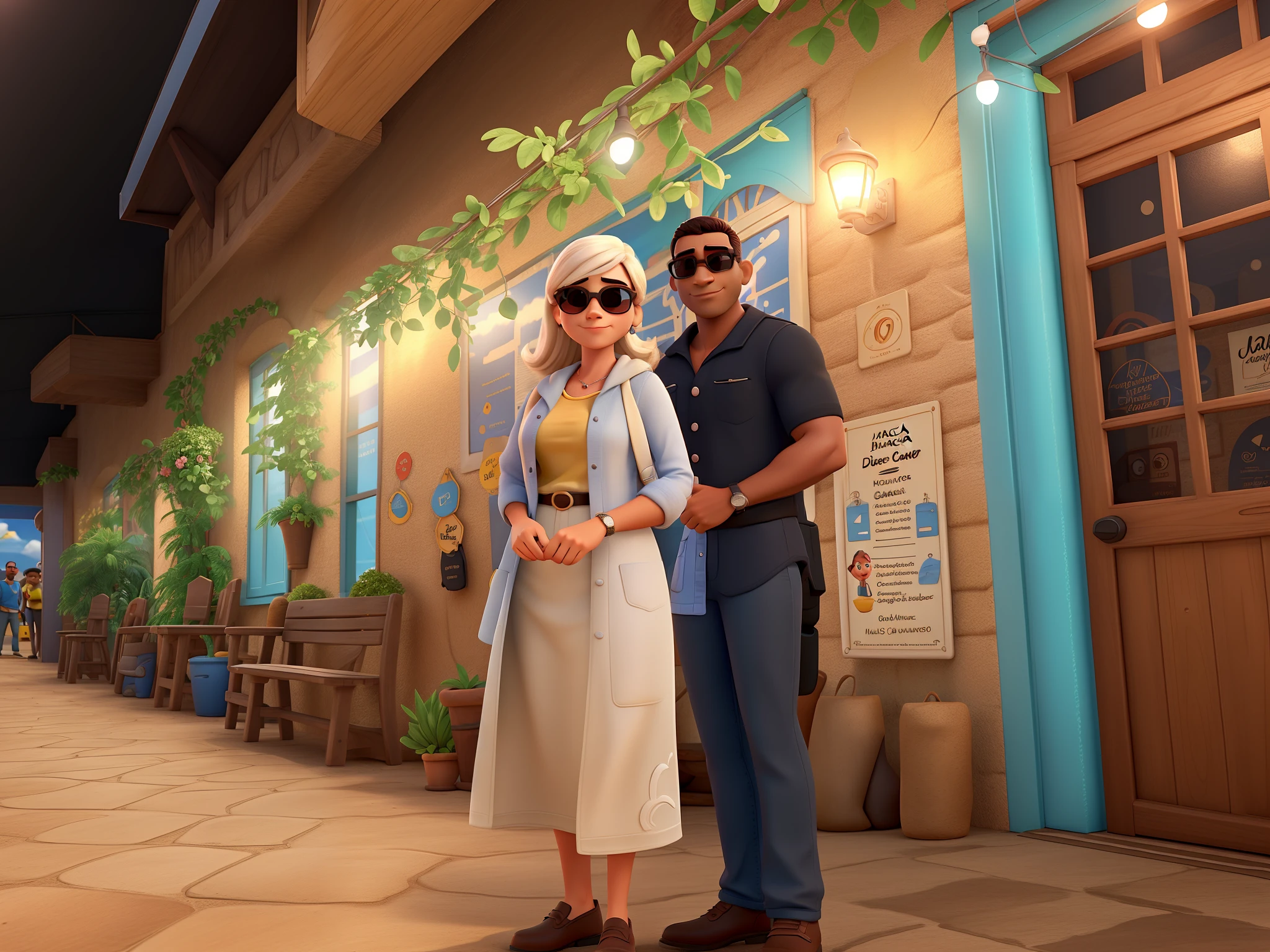 A woman in sunglasses, um homem branco e um homem negro careca estilo disney pixar,
alta qualidade, melhor qualidade