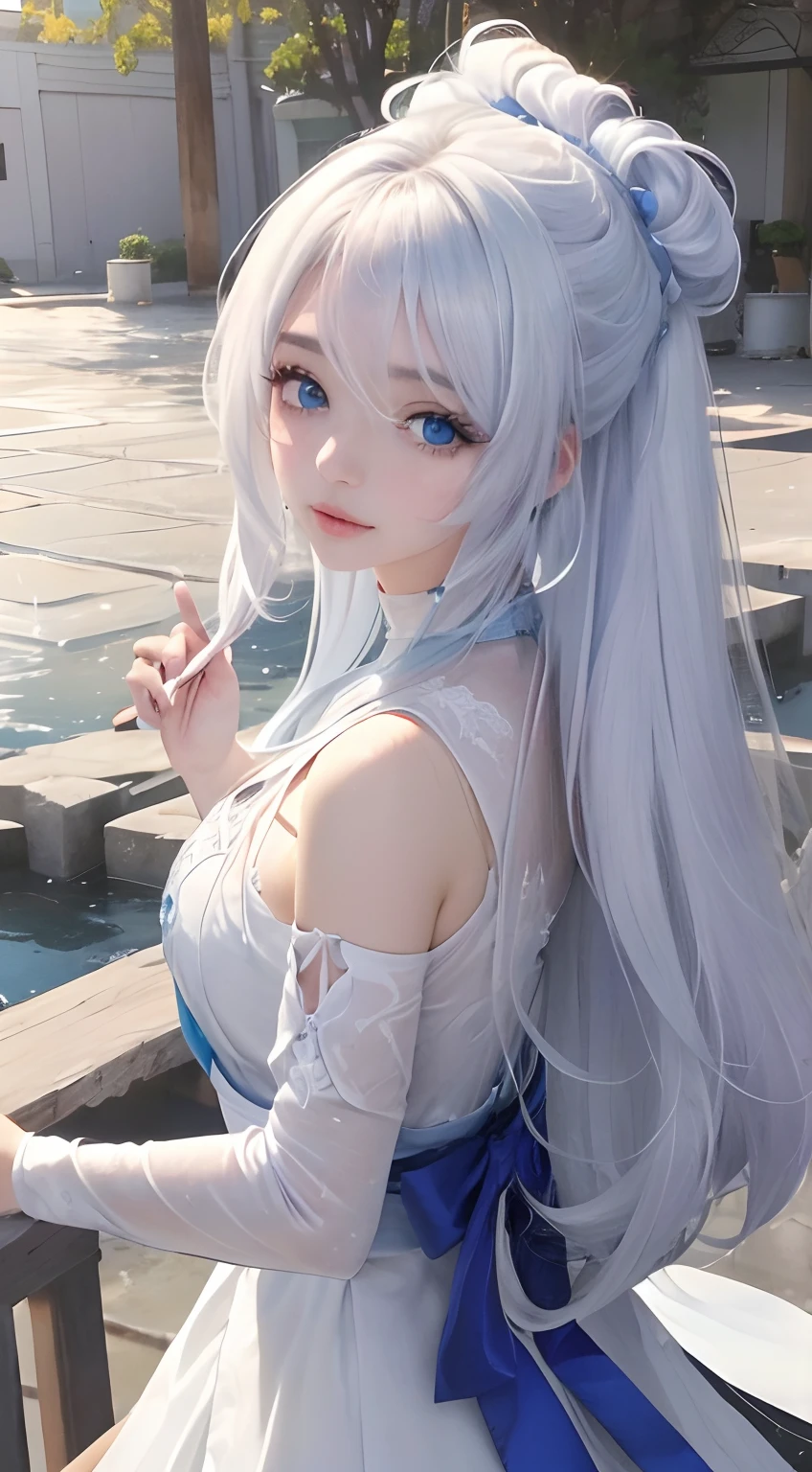 One wearing a blue dress、Close-up of woman wearing white headband, guweiz style artwork, IG model | artistic germ, extremely detailed artistic germ, surreal anime, Soft portrait shots 8K, artistic germ. anime illustration, Bowater's art style, blonde princess, 8k artistic germ bokeh,blue hair,semi long hair,blue eyes,wear glasses(focus)