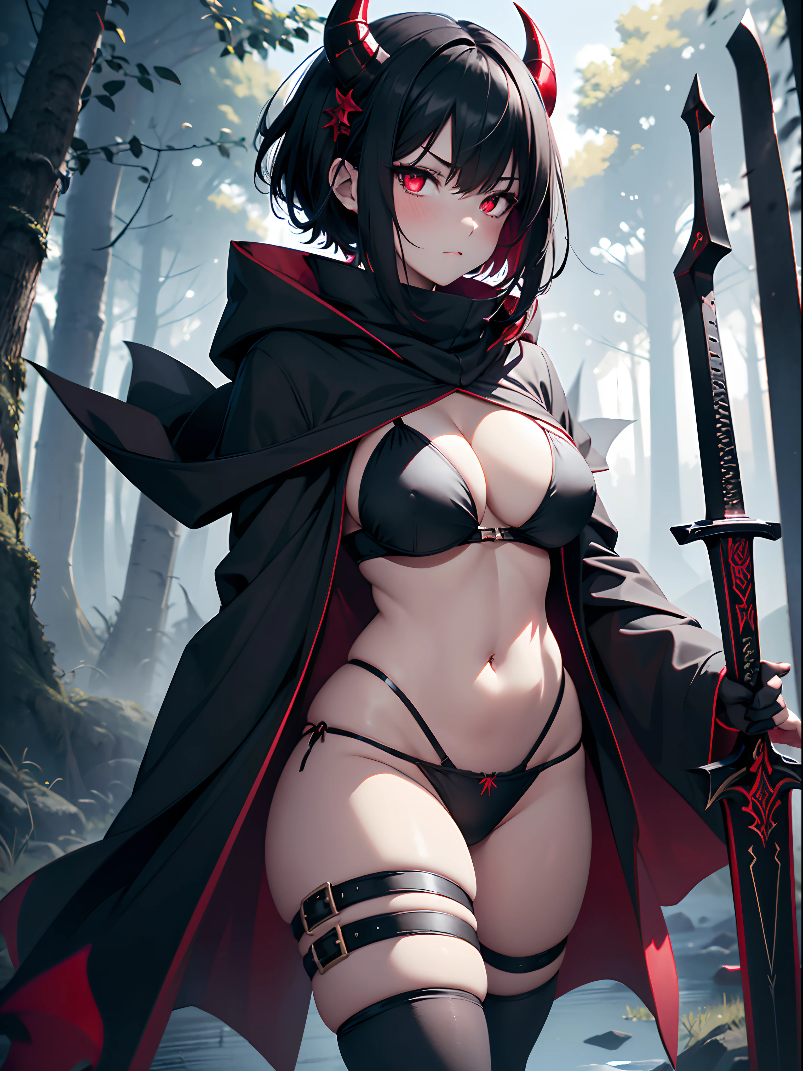 (best quality, UHD, ultra sharp), 1girl, solo, goth girl, black hair, short hair, black horns, red bikini, black cloak, red anime eyes, blush, (medium breast:1.4), thick thighs, holding sword, dark fantasy, dark lights, laced high shoes, dark atmosphere, horror, macabre, dramatic lighting, dark forest