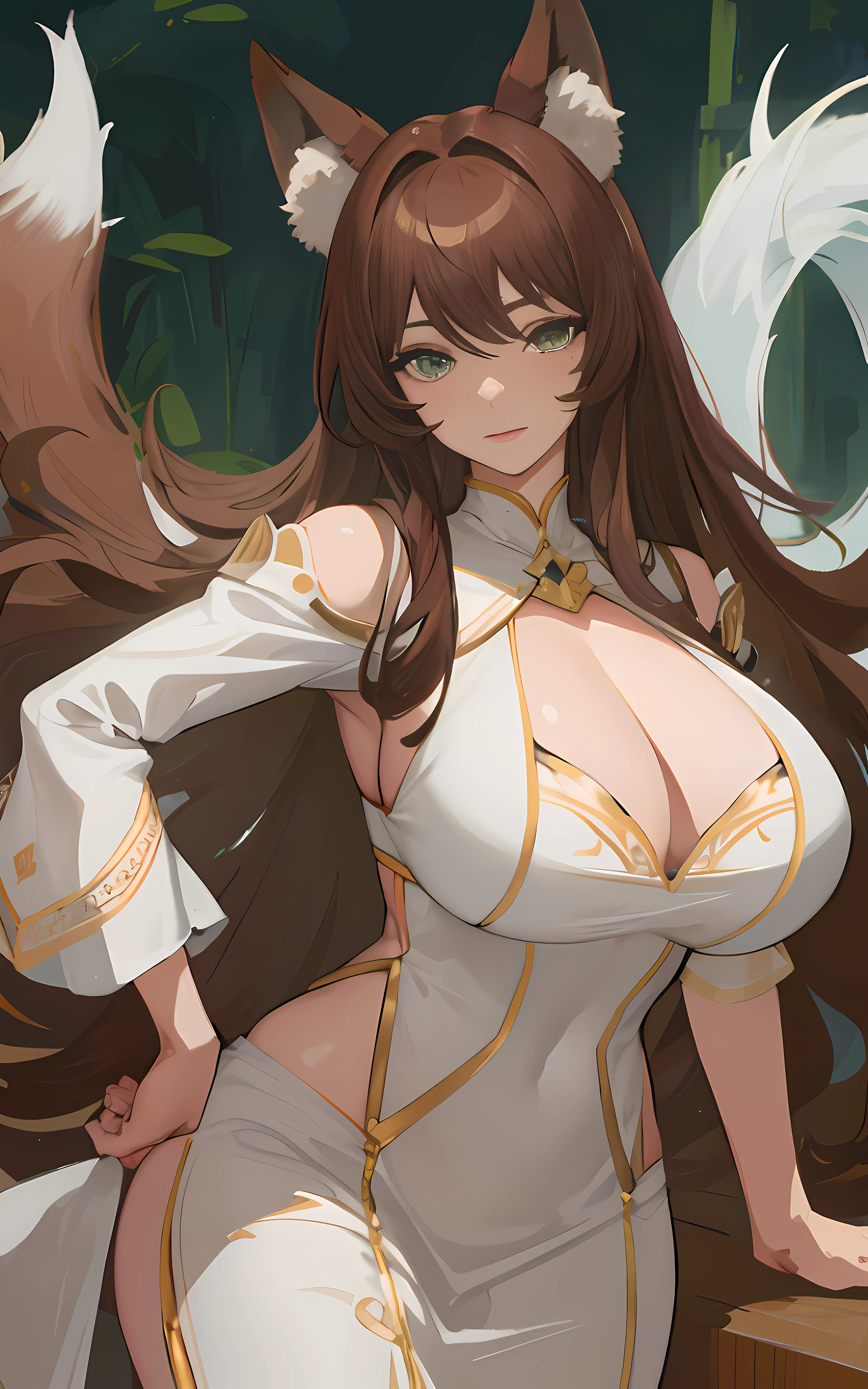 (Masterpiece: 1.5), (Best Quality: 1.5), Perfect Eyes, Perfect Face, Detailed Eyes, Volumetric Lighting, 1 Woman, Mature Woman, (Whiteness: 5), fox ears, fox tail, dark brown hair, green eyes, long hair, sexy, cowboy shot, massive breasts, massive cleavage, white dress, tight clothes