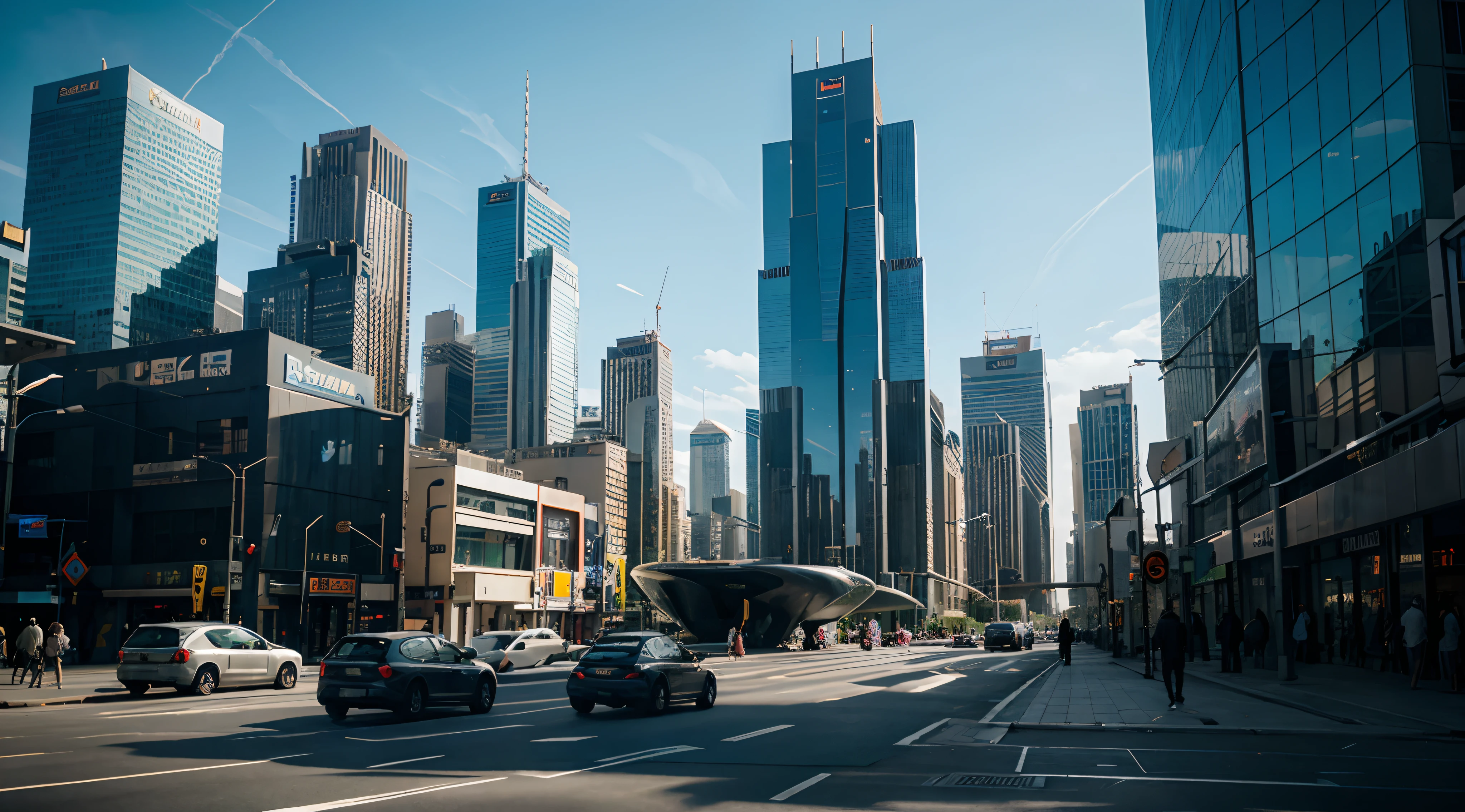 Big futuristic city scene from the ground