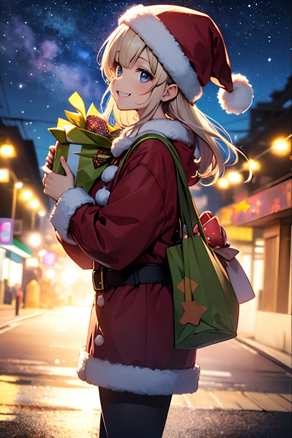 Santa Claus happily carrying presents、Stars in the eyes(kirakira)、Laugh、Cute red shoes、foco nítido, Ultra Detail, radiant light、bio luminescent、Shooting from the side、Stronger bokeh effect