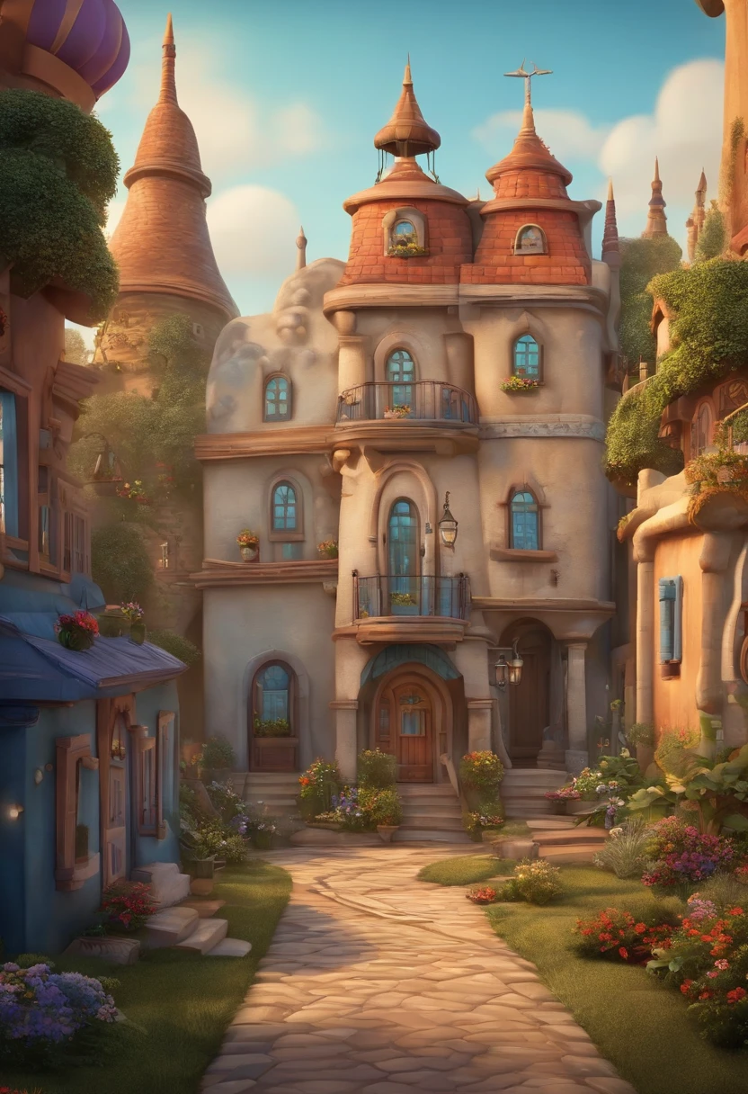 master part, best quality, alta qualidade, Very detailed, Casas, Buildings on both sides of the road, perspectiva, alta e baixa, happy birthday, Homens, balloon, arquitetura dos desenhos animados, illustration style, estilo de jogo, desenho em perspectiva. Fundo da cidade, arte conceitual disney, Futurismo, Mobile Game, interface do jogo, Interface do jogo