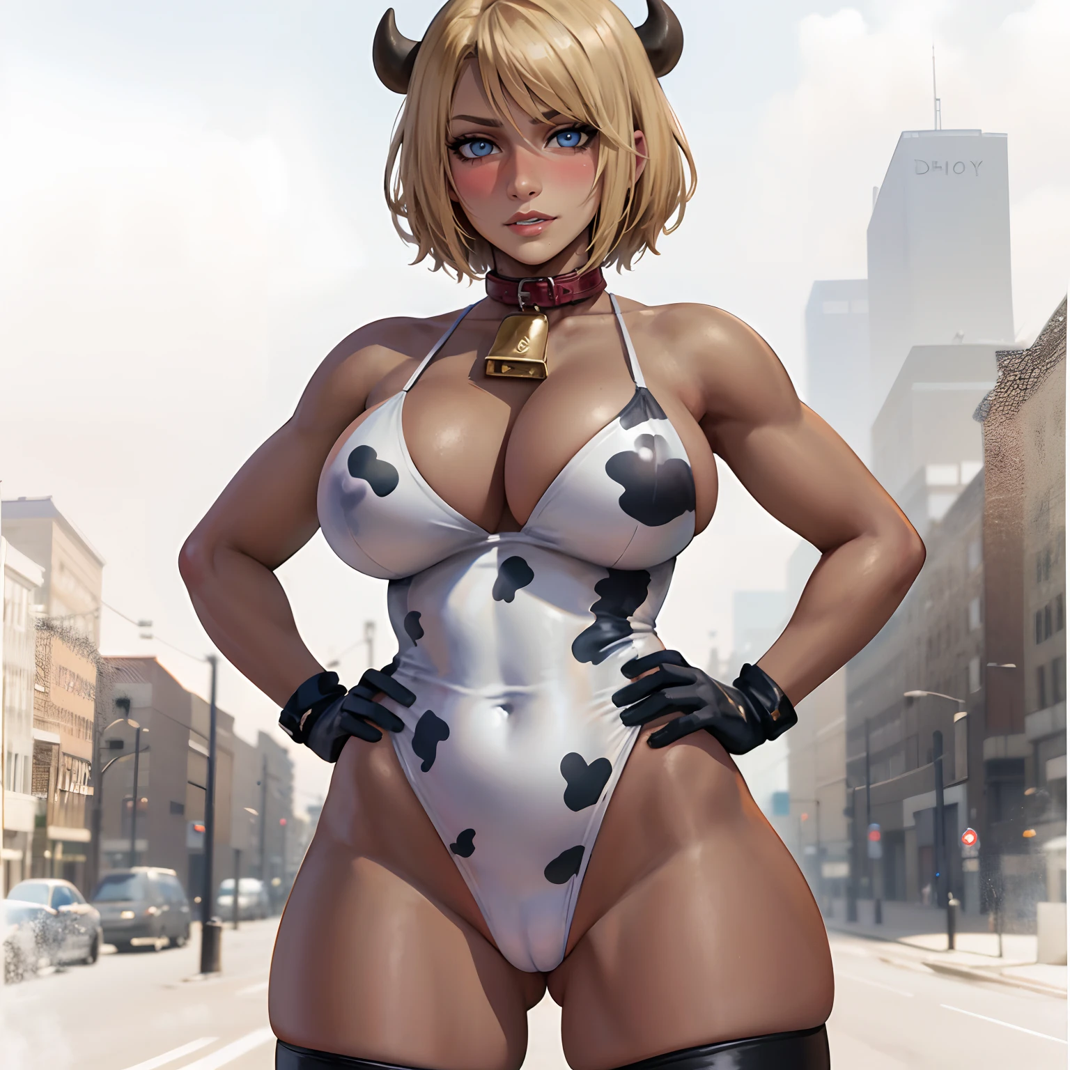 detailed, masterpiece, UHD, anatomically correct, best quality, 4K, absurdres, perfect hands, (shexyo:1.1), (dark skin, dark-skinned female, black skin, square haircut, blonde hair, blue eyes), (1girl, solo, white background, standing, portrait, hands on hips), sexy, hot, blush, parted lips, aroused, smile, (large breasts, sagging breasts, heavy breasts, thick thighs, milf), (cow suit, cowbell collar, cow-printed stockings, cow-printed gloves, sultry, sultry face:1.1)