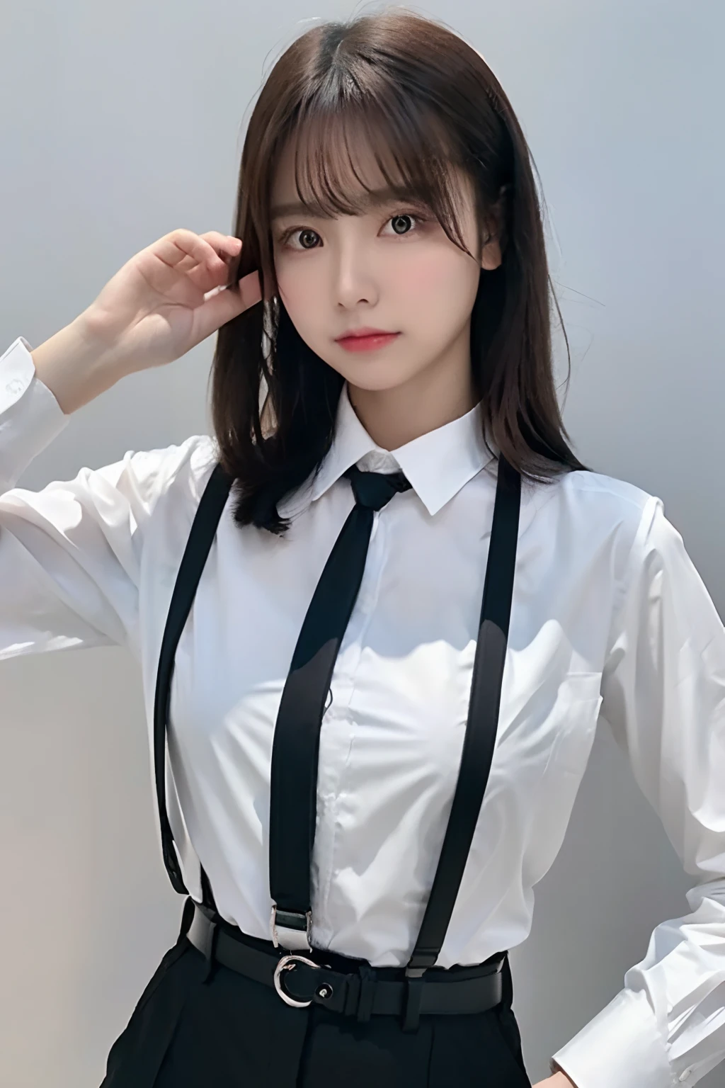 masterpiece、flat-colors、depth of fields、lens flare 1 girl、、Brown hair、watching at viewers a belt black suspenders Social OL huge-breasted Armpit sweat perspiring Side of both hands walls: Black Suit Black pants, Black jacket holster arm Leg holster Gaze No tie tiarra No bangs Small face