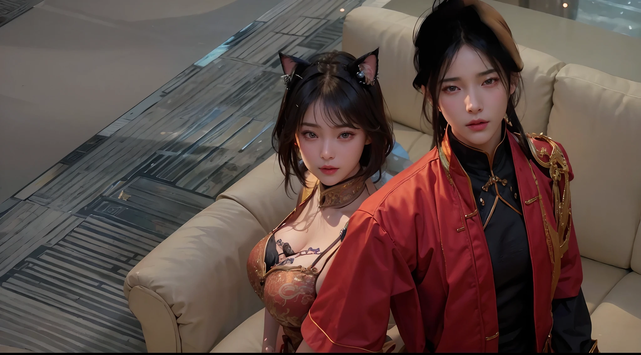 (original photo, Bestquality), (realistic, photo of-realistic:1.3 pcs), Bestquality, Extremely Detailed, a masterpiece、, Hyper-Detailed, illustration、, a couple 1 girl 1 man, 1 a girl, (huge boobs,cleavage), 1 a man, dynamic angle, world mastery theater, cluttered_long_hair,Bestquality, extremely detailed CG unity 8k壁纸,ink,astonishing,movie lights,Lens_flare,dunhuang_style, perfect female body, perfect hands, perfect fingers, detailed face, handsome man, beautiful girl with cat ears