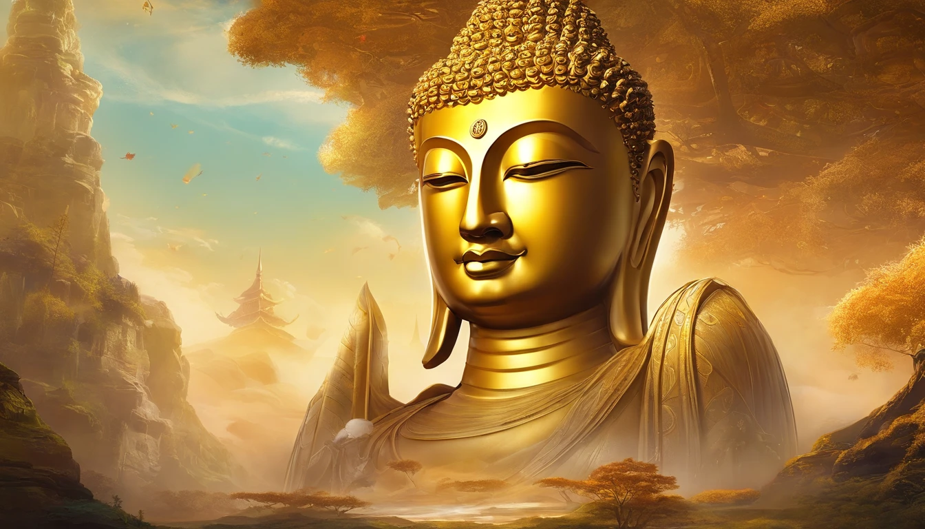 Highly detailed portrait of a huge golden Buddha with the halo of the sun god,golden colored,unreal-engine,The art of Mark Reiden,Lost fish,Earl Nolen,globalillumination,godrays,detailed and complex environment,Elden ring style
