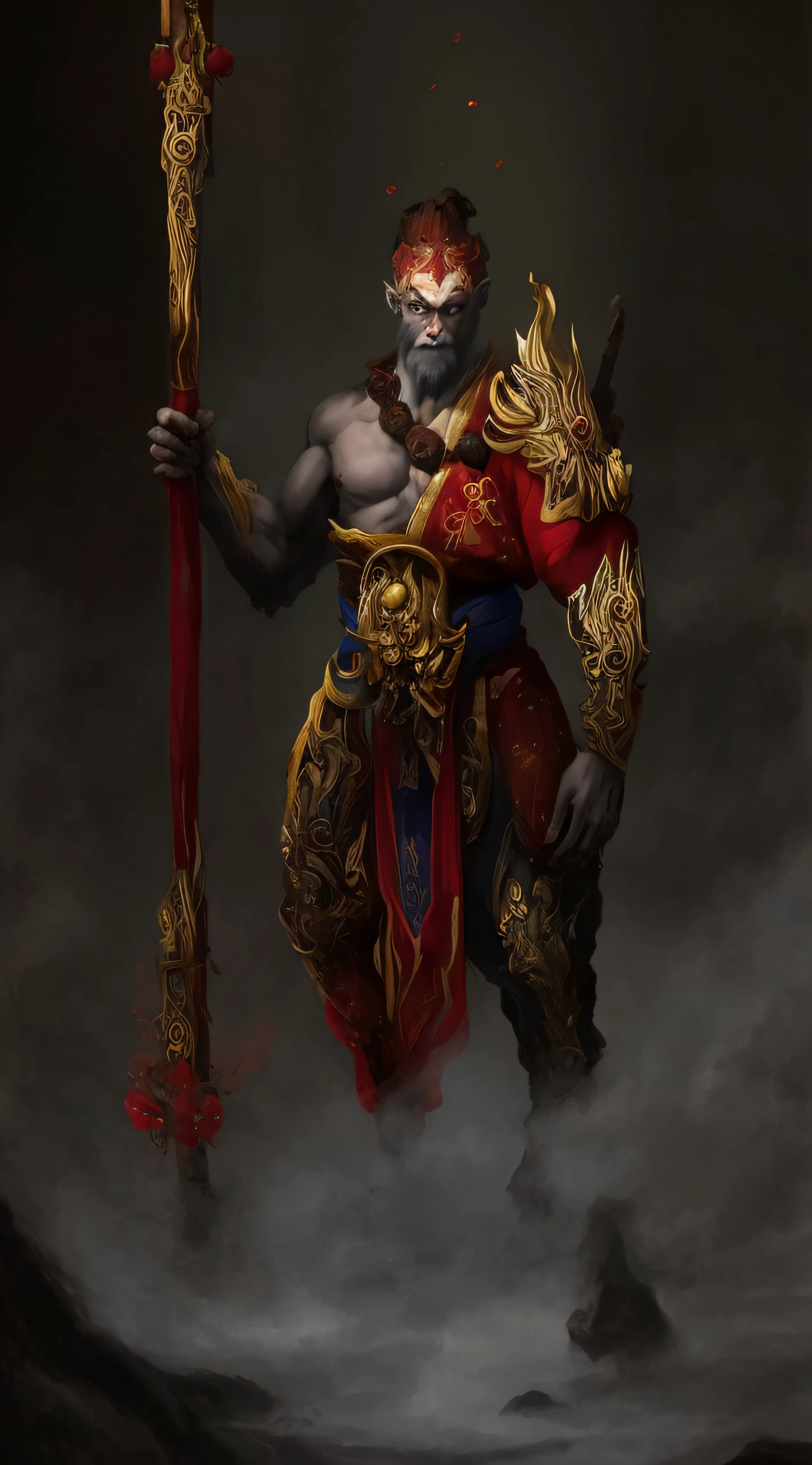 a digital painting of a man with a sword and a red robe, sun wukong, wukong, asura from chinese myth, the god emperor of mankind, by Yang J, beautiful male god of death, legendary god holding spear, monkey king, inspired by Hu Zaobin, feng zhu concept art, by Yang Borun, by Ju Chao