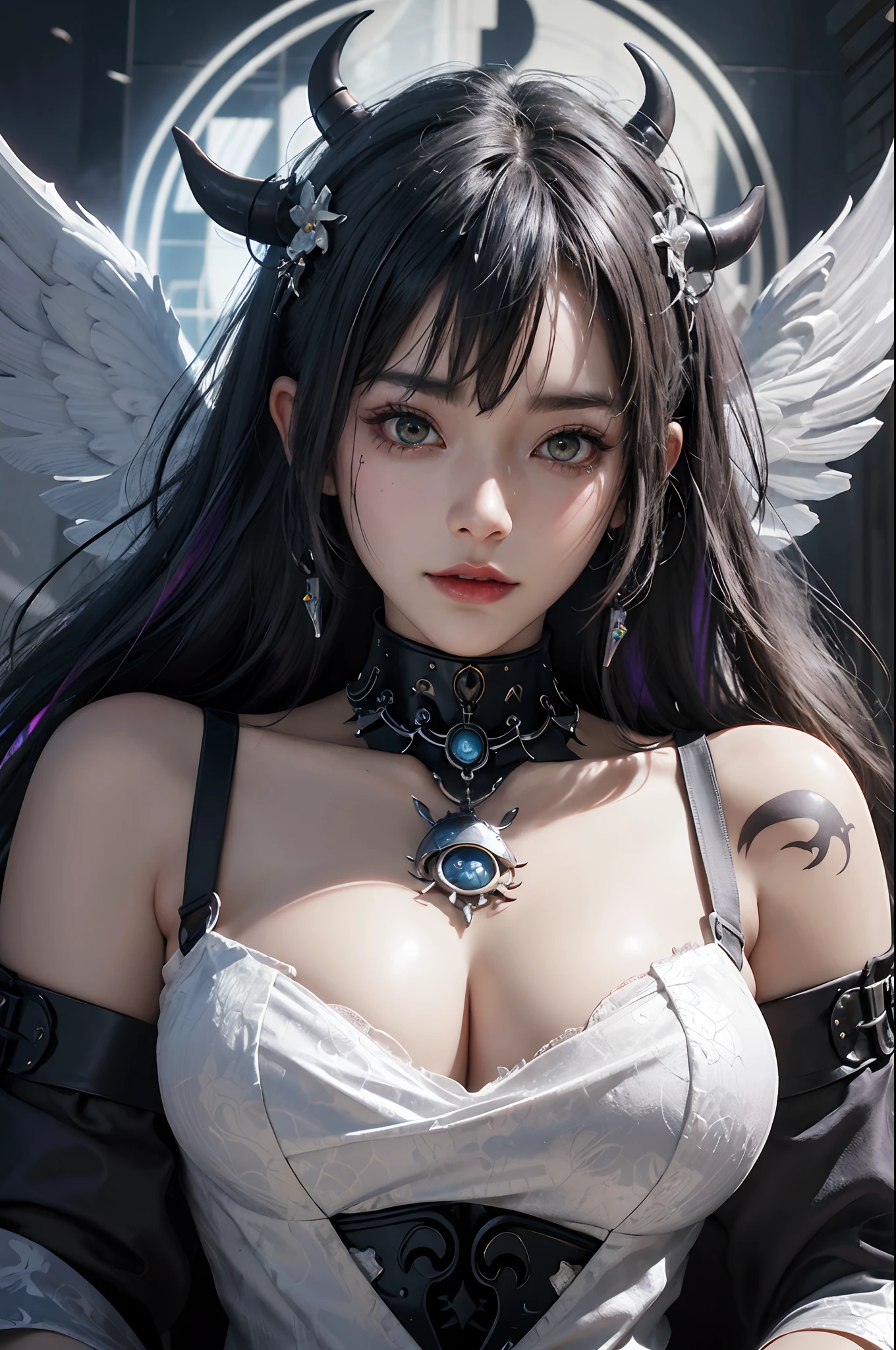 1 beautiful cyberpunk demon goddess from hell, In the Dark: 1.6), surreal female portrait by David Hockney and Alphonse Mucha, fantasy art, korea doll, photorealism, dynamic lighting, artstation, poster, volumetric lighting, very detailed faces, perfect CG unity 8K UHD wallpaper portrait, Award winning, in the dark, deep shadow, low key, cowboy lens, (highly detailed futuristic battle armor and white angel wings: 1.4), long hair, rainbow colored hair blowing in the wind, bust, luxurious palace, Royal style, devil crown and oni horns, vibrant glowing yellow eyes make up very sharp and long finely detailed eyelashes, The most beautiful perfect face, huge enormously gigantic tits, cleavage showing, Super realistic, Charming sexy seductive smile, guweiz, devil oni style, tons of tattoos and piercings, the landscape is futuristic cyber city kingdom overcast and thunderous, cherry blossoms blowing in the wind(upper body Portrait), Close-up of the main character, (Background details 1.8),