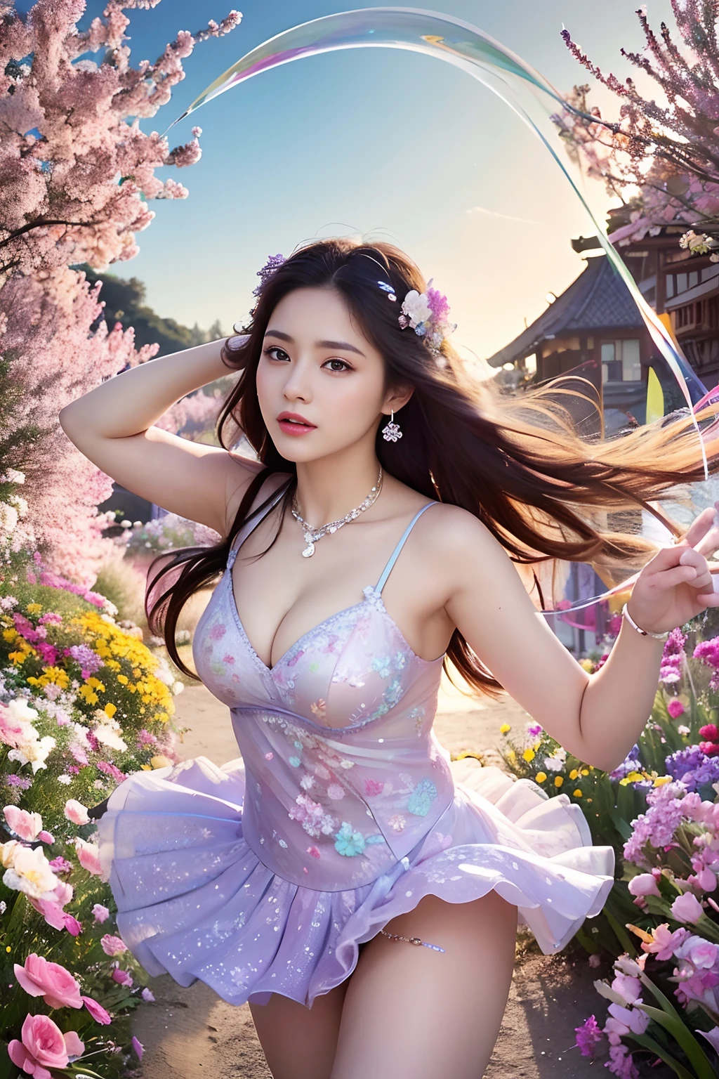 (​masterpiece、top-quality)、high resolution details、foco nítido、(Photoreal Stick:1.2)、1girl、Cowboy Shot、The liveliness of the girl and the beauty of the flowers are seamlessly blended、As she dances through a kaleidoscope of vibrancy of flowers and curvaceous beauty、Flowers react、Reflect her movements in a captivating fractal design、