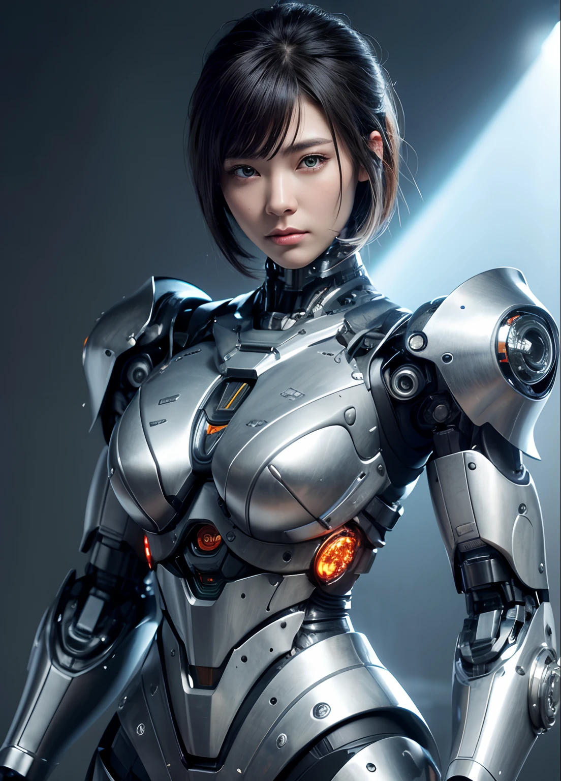 Textured skin, Super Detail, high details, High quality, Best Quality, hight resolution, 1080p, hard disk, Beautiful,(Terminator),beautiful cyborg woman,Mecha Cyborg Girl,Battle Mode,Girl with a Mecha Body,She wears a battle cyborg mech with a weapon,Fulll body Shot