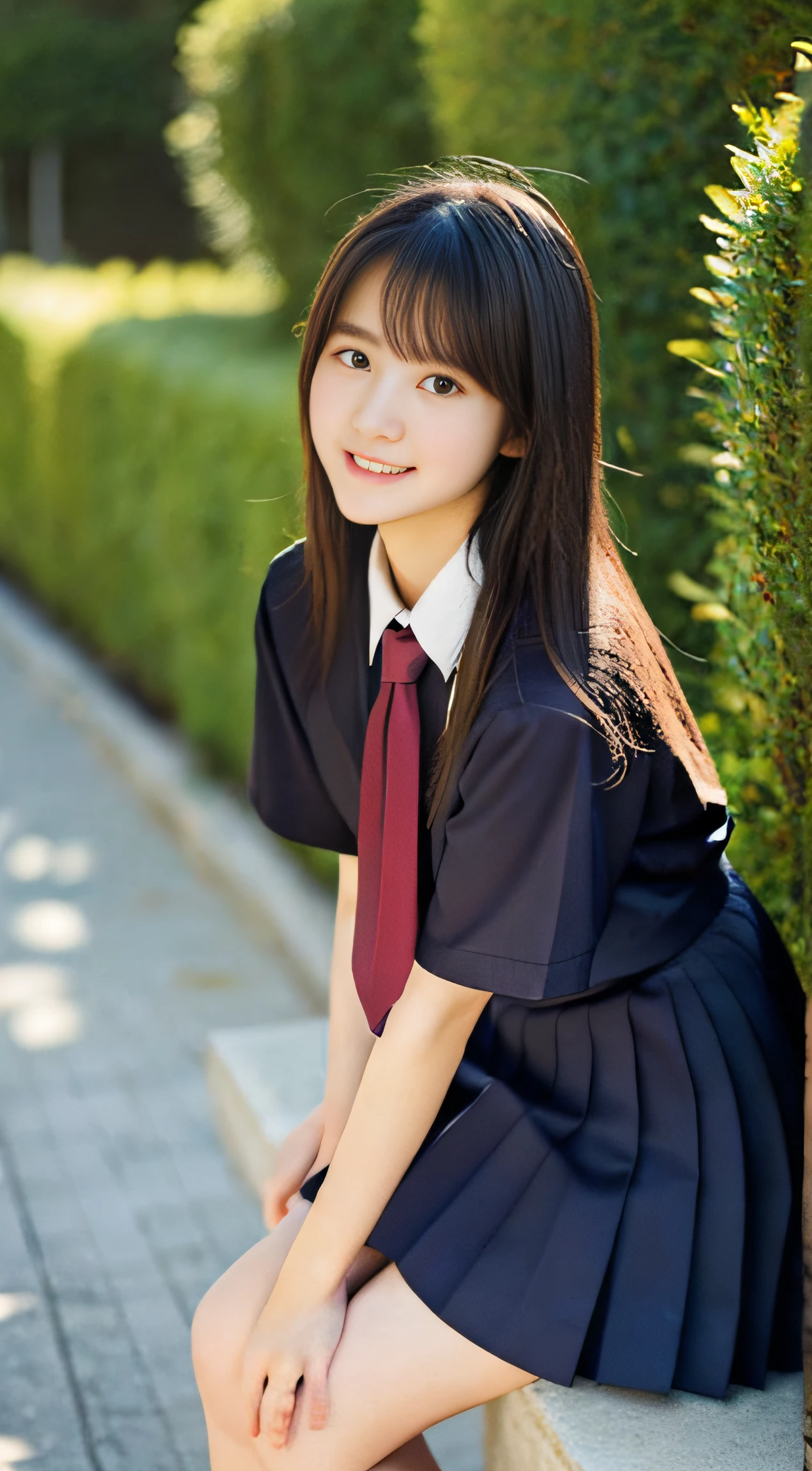 (masutepiece, Best Quality:1.2), 8K, 15yo student, 85 mm, offcial art, Raw photo, absurderes, White dress shirts, Pretty Face, close up, Upper body, violaceaess, gardeniass, Beautiful Girl, School uniform, (Navy pleated skirt:1.1), Constricted waist, thighs thighs thighs thighs, shortsleeves, on train, Sit on a bench seat, view the viewer, No makeup, (Smile:0.4), film grains, color difference, Sharp Focus, face lights, clear lighting, Teenage uncensored, Detailed face, Bokeh background, (dark red necktie:1.1)、Long socks、lowfers、So that it is reflected up to the knees