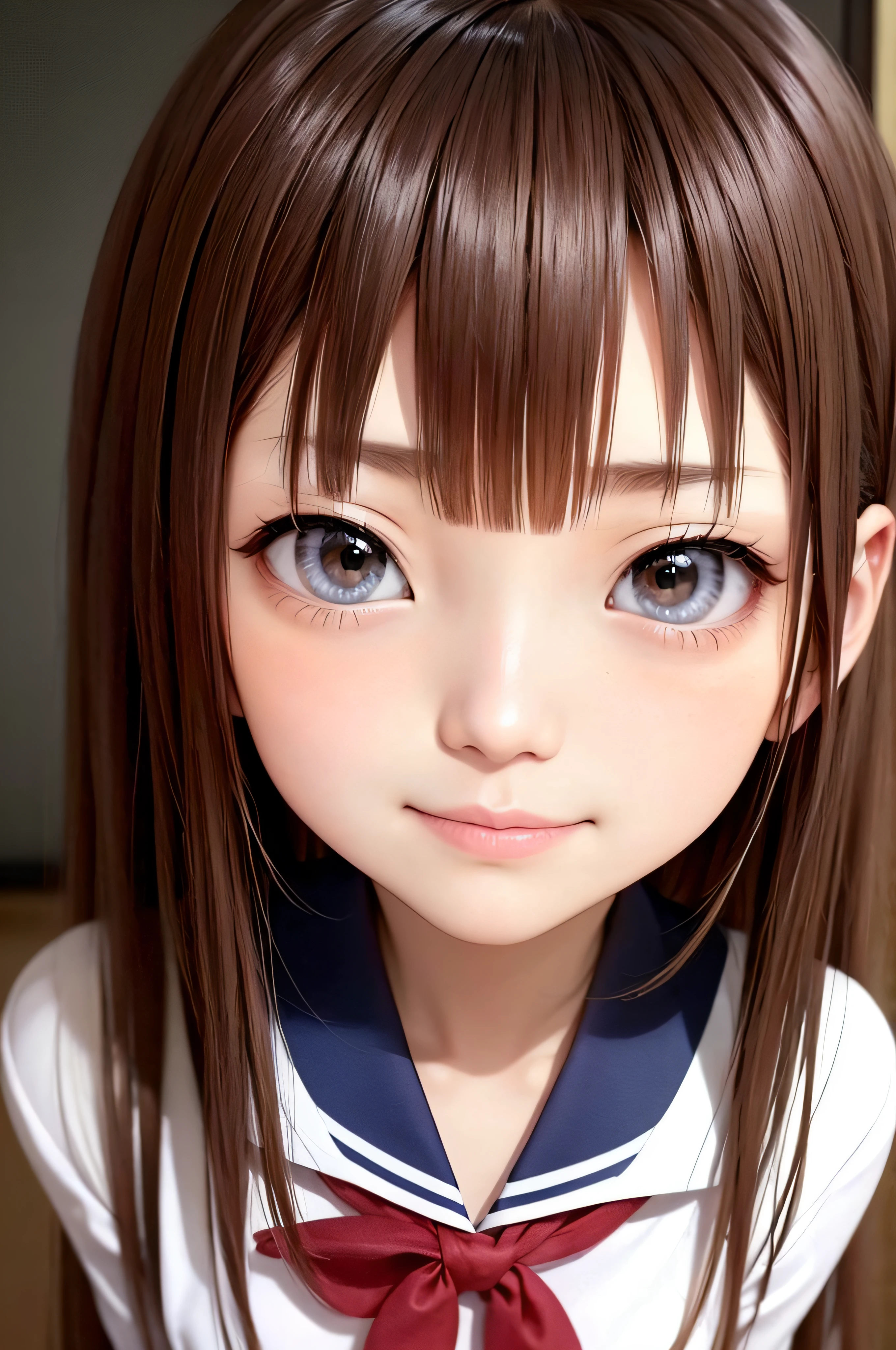 13years、brown haired、beautidful eyes、real looking skin、hi-school girl、a sailor suit、small tits、(8K、masterpiece)、(reallistic、Photorealsitic)、top-quality、ighly detailed、The ultra-detailliert、Beautie、cute little、japanes、Idol、a smile、Close-up portrait、Healthy face