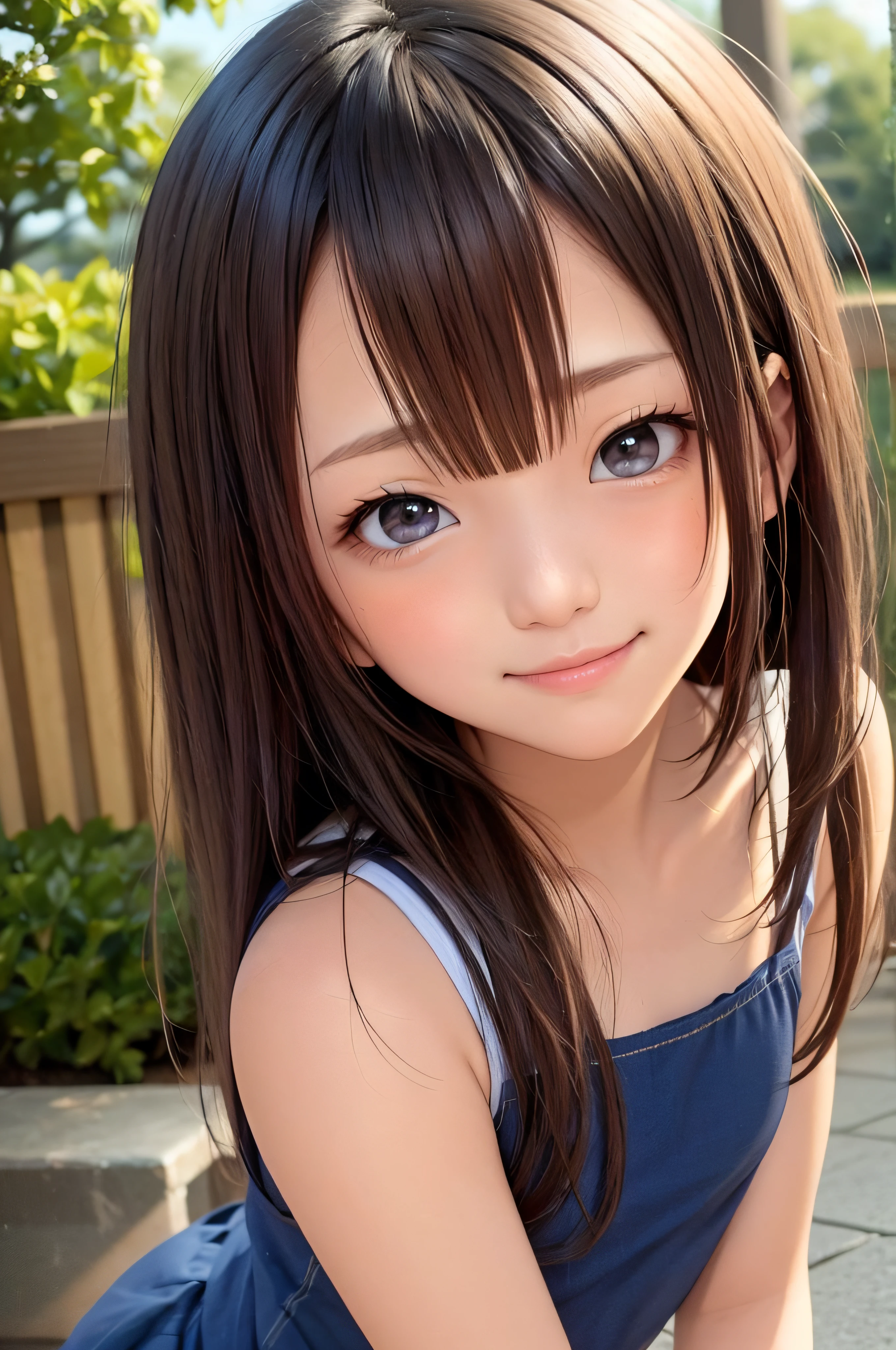 18year old、brown haired、beautidful eyes、real looking skin、hi-school girl、with light glowing、small tits、(8K、​masterpiece)、(reallistic、Photorealsitic)、top-quality、ighly detailed、The ultra-detailliert、Beautie、cute little、japanes、Idol、a smile、Close-up portrait、Healthy face
