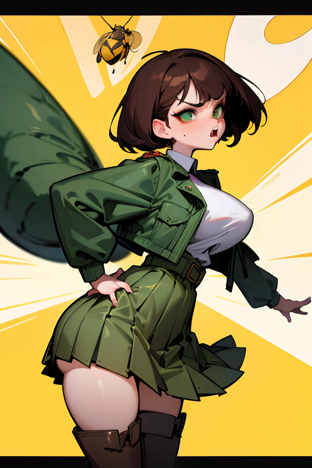 Aggressive Bimbo, Angry, Pissed Off, Green Eyes, Make Up, Oversized Tits, Dumptruck Ass, Fertile, Thicc, Bee Stung Lips, Thick Hips, Very Long Green Army Jacket, Pixie Cut Hairstyle, Pleated Skirt, Set in the 1950's, Rockwell's Style, Cartoon Style, Shirt Covered Breasts, Tall, Knee High Boots, Brown Hair, SFW, Not Sexual, Covered Ass, Oversized Jacket, Big Jacket,