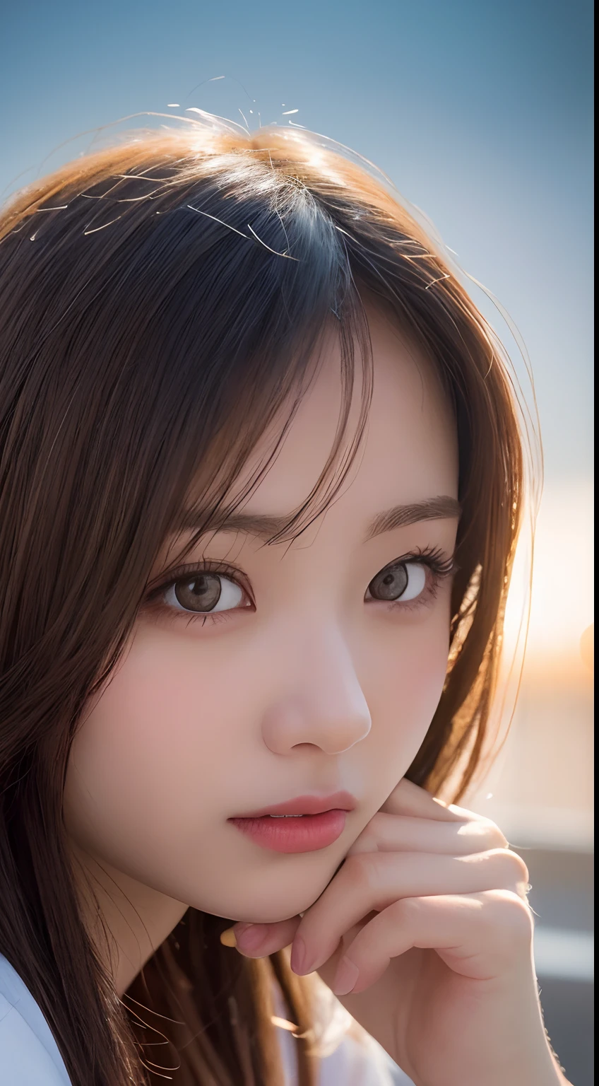 Film Portrait Photography, 1girl in,  Wavy shoulder-length hair, Serene, Calm, (Realistic detailed eyes, Natural Skin Texture, Realistic face details), Soft dramatic lighting, depth of fields, Bokeh, vibrant detail, Finely detailed, hyper realisitic, 35mm Film, Hazy blur, filmg,beutiful breast、Smooth skin、