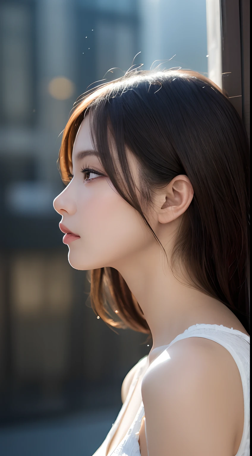 masutepiece, Best Quality, Illustration, Ultra-detailed, finely detail, hight resolution, 8K Wallpaper, Perfect dynamic composition, Beautiful detailed eyes , 城市, Sexy face,Face feeling ecstasy,Face at the peak of sexual arousal，profile,Perfect and beautiful face,Raw photo,Background blur