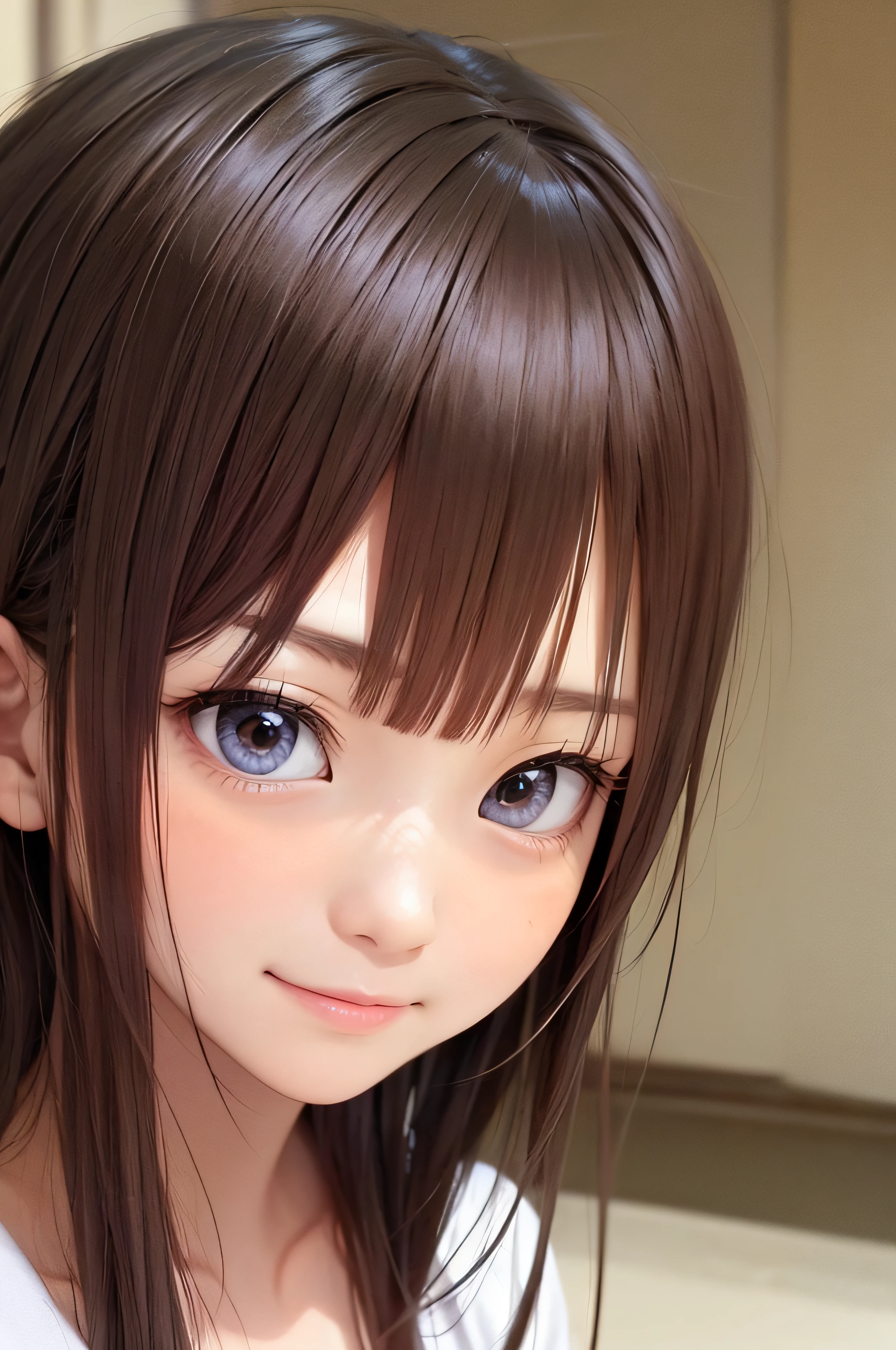 18year old、brown haired、beautidful eyes、real looking skin、hi-school girl、with light glowing、small tits、(8K、masterpiece)、(reallistic、Photorealsitic)、top-quality、ighly detailed、The ultra-detailliert、Beautie、cute little、japanes、Idol、a smile、Close-up portrait、Healthy face