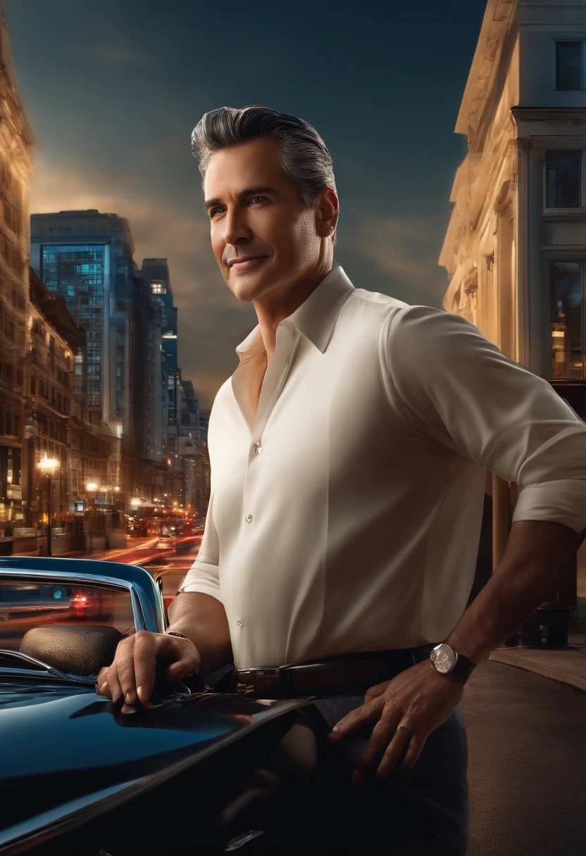 man 50 years old, white smile, black hair, slicked back hairstyle, busy avenue, Buildings both sides, cars, avenue