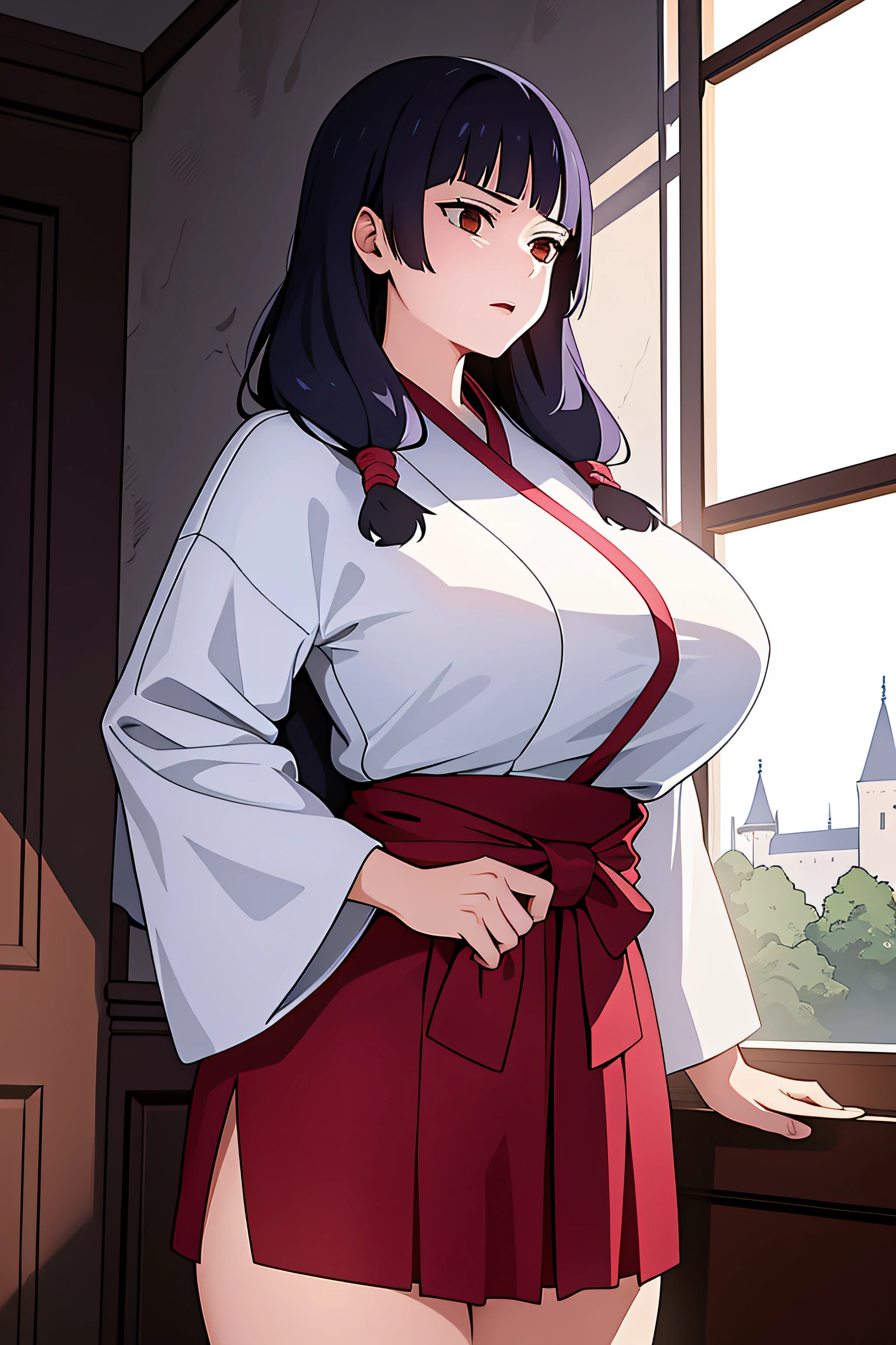 masterpiece, ((ultra detailed background, delicate pattern, intricate detail)), (highly detailed, fine details), best quality, beautiful lighting, ((huge breasts, slim girl)), Utahime, 1girl, solo, black hair, long hair, brown eyes, japanese clothes, twintails, miko, short skirt, blunt bangs, red hakama, complex detailed background, inside, castle room environment, medieval castle, gray walls, window, bookshelf, (cowboy shot)