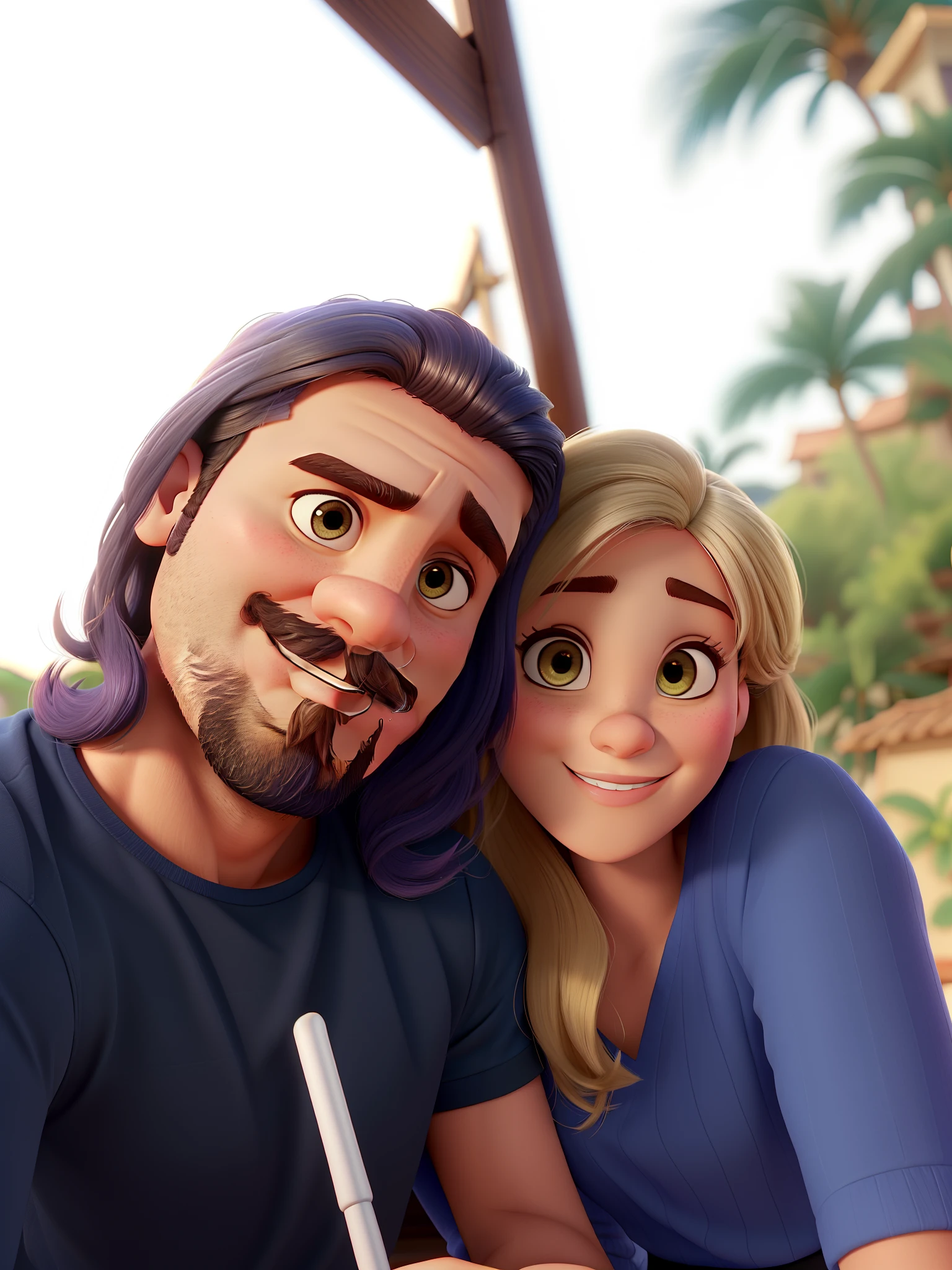 Casal estilo disney pixar melhor qualidade alta qualidade. Homem moreno cabelo comprido crespo barba e mulher loira olhos azuis cabelos longos lisos