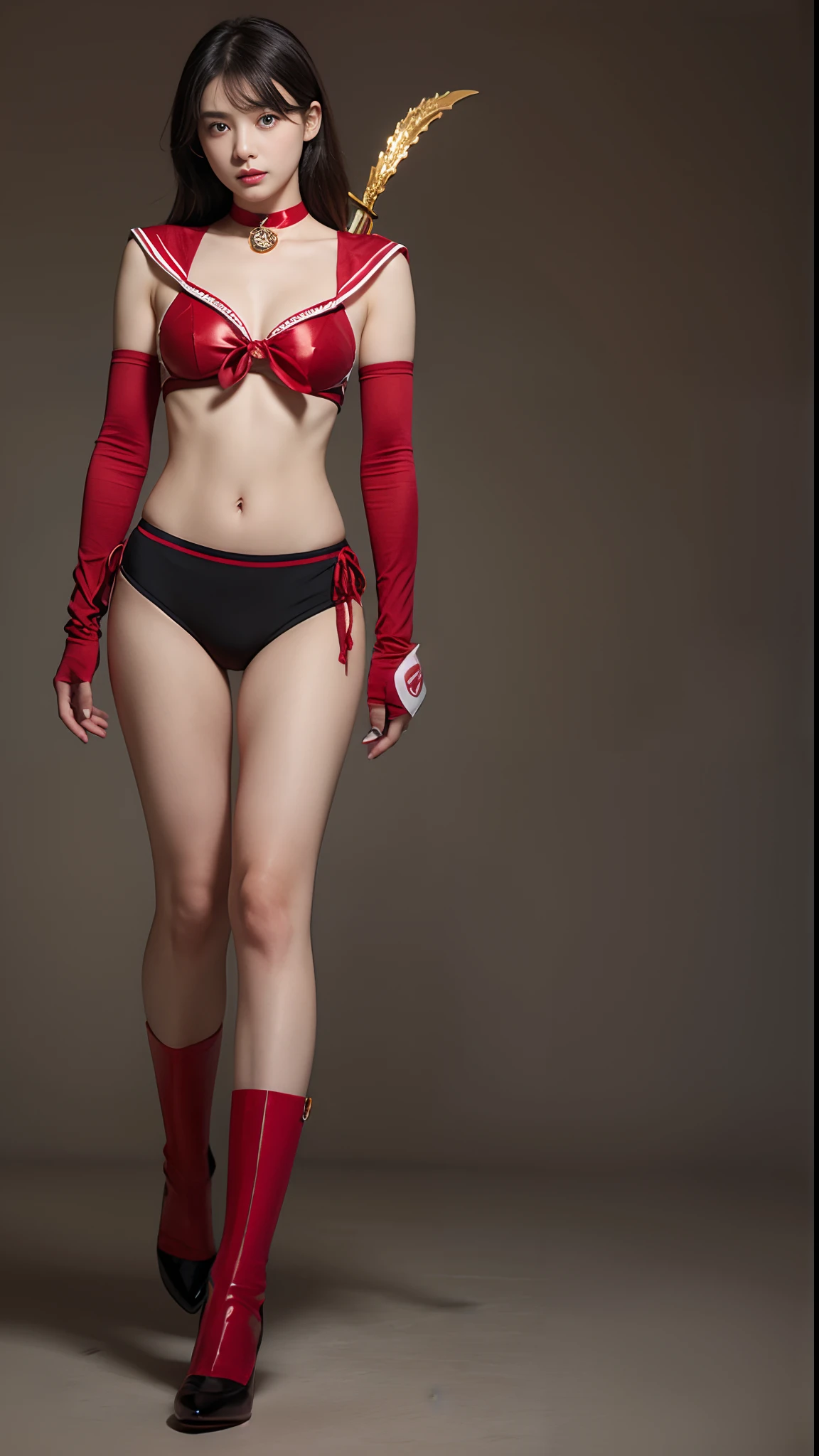 and draw the full body、Faithful use of original images、Beautiful face of a 20 year old girl、Delicate hand、SV1、Sailor Senshi Uniform、red swim wear、elbowgloves、tiarra、Red sailor collar、Red bow、a red choker、white glove、foco nítido、Eye focus、masterpiece、top-quality、realistic detail、crisp image、realisitic、hight resolution)、Ninja style、Wear black stockings、Wear red ring shoes