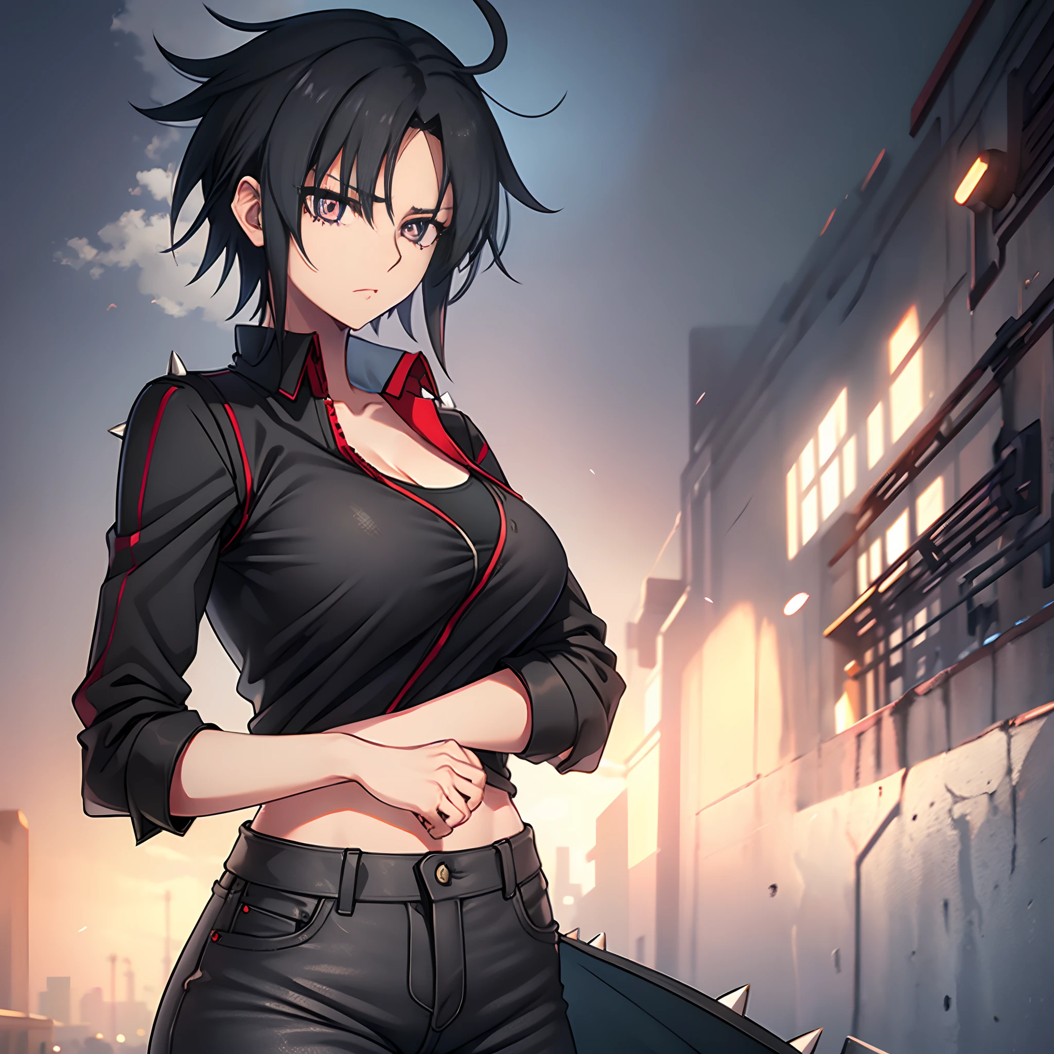 hight resolution,ultra-detailliert,huge tit,Slender eyes,One tall woman,((spiked hair)),((parted bangs)),Medium unkempt hair,Black hair,Red eyes,Black tank top,a red jacket,Black jeans,