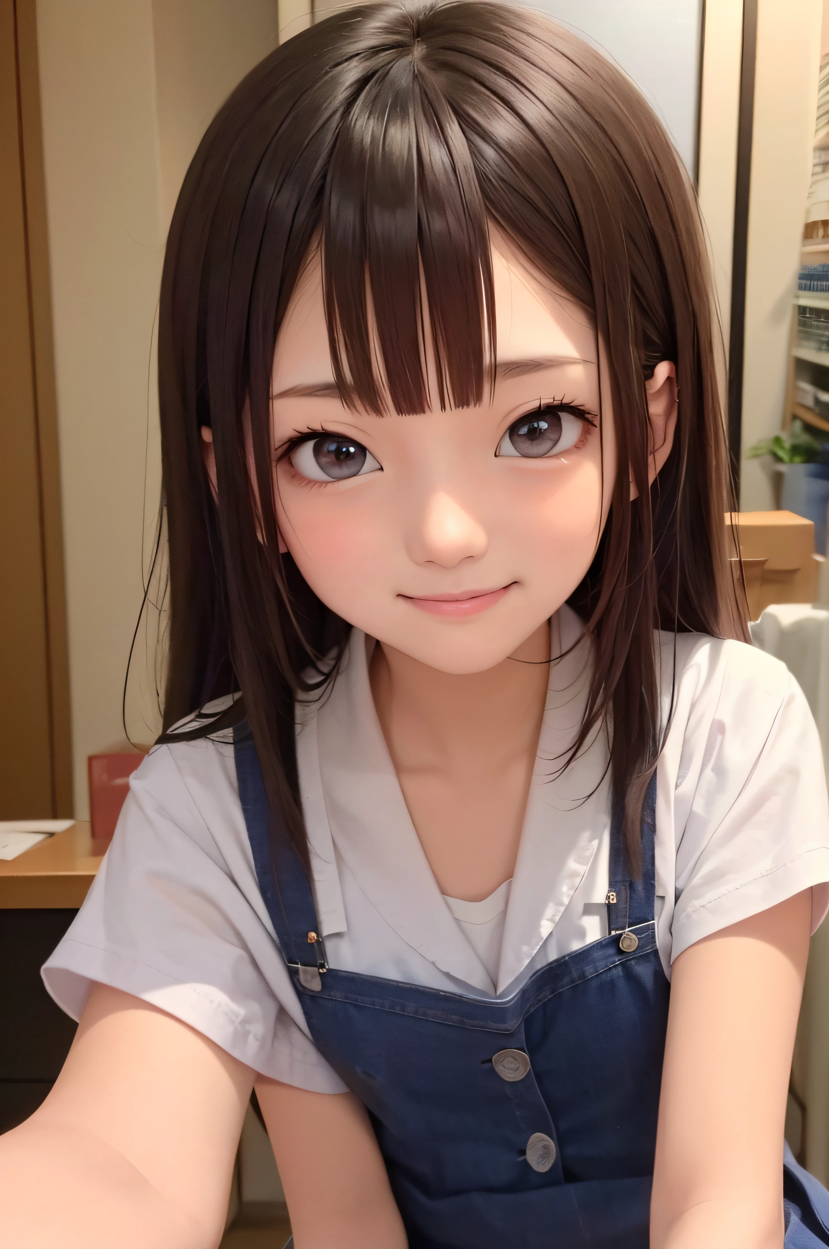 18year old、a smile、brown haired、beautidful eyes、real looking skin、hi-school girl、Bright illustration、small tits、(8K、masterpiece)、(reallistic、Photorealsitic)、top-quality、ighly detailed、The ultra-detailliert、Beautie、cute little、japanes、Idol