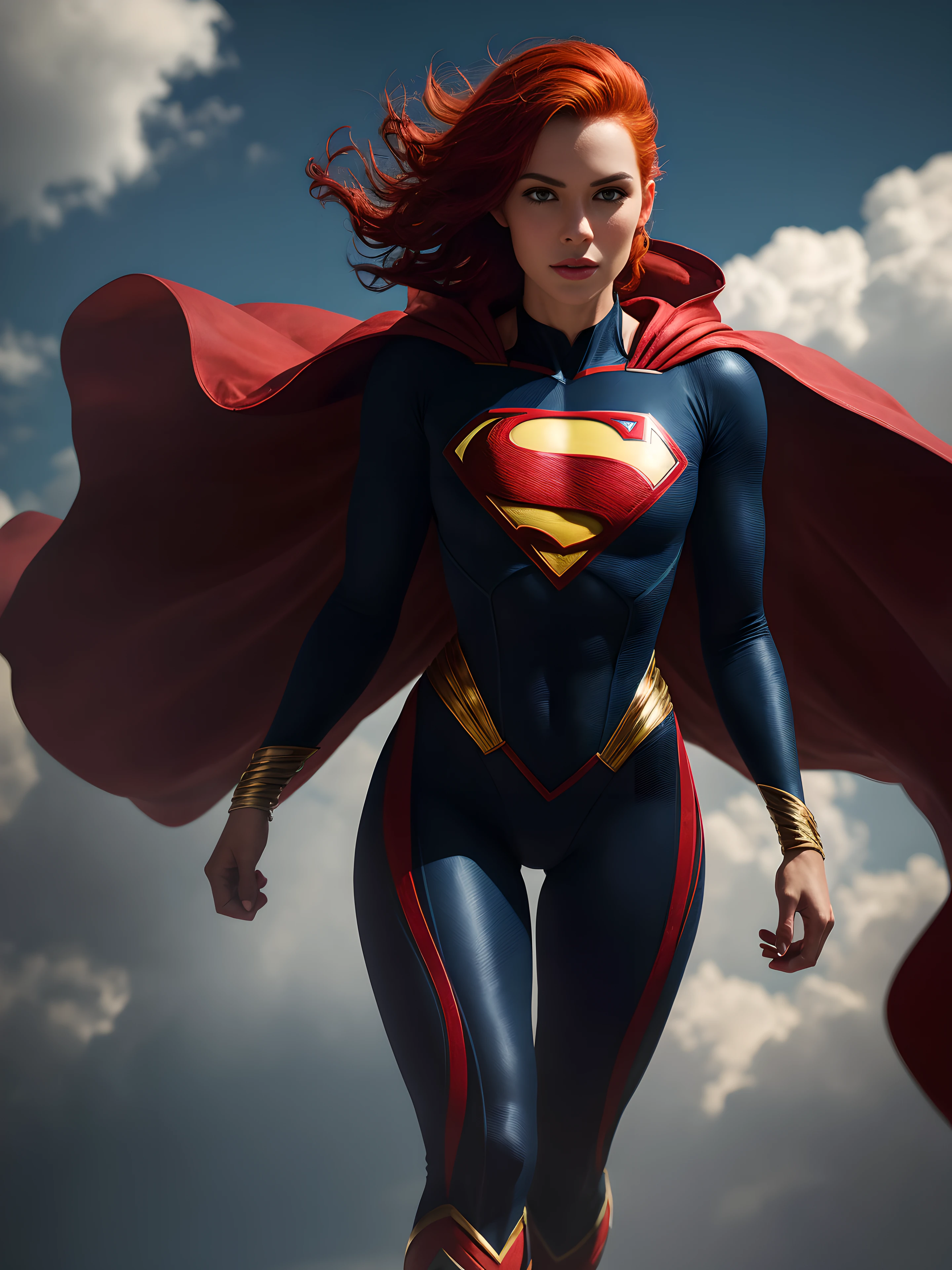 A 27-year-old girl with red hair in an elaborate black Superman costume with long sleeves, covering the whole body, red chestcoat, Black Superman Costume, Suit with red carbon fiber details, hovering in the sky, thigh gap, (intricate details:0.9), (HDR, hyper-detailing:1.2), (natural skin textures, hyper realisitc, Sharp)