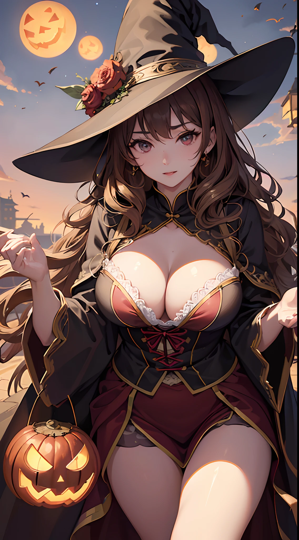 Adult women in Japan,married woman, cozy wallpaper, Colossal tits,Emphasizes cleavage、full body Esbian、 Halloween, jack-o-lanterns, ((Highly detailed witch costumes:1.2, robe, Witch's Pointing Hat:1.1)), (Vampire costume:1.2), ((Brown medium long hair:1.25, Upstyle, Wavy Hair)), plein air, In the park at night, (in night:1.2), ((Ultra High Resolution, 8k RAW photo, photographrealistic:1.2)), Fine detailed face, Beautiful detailed eyes, Super detailed smooth skin,