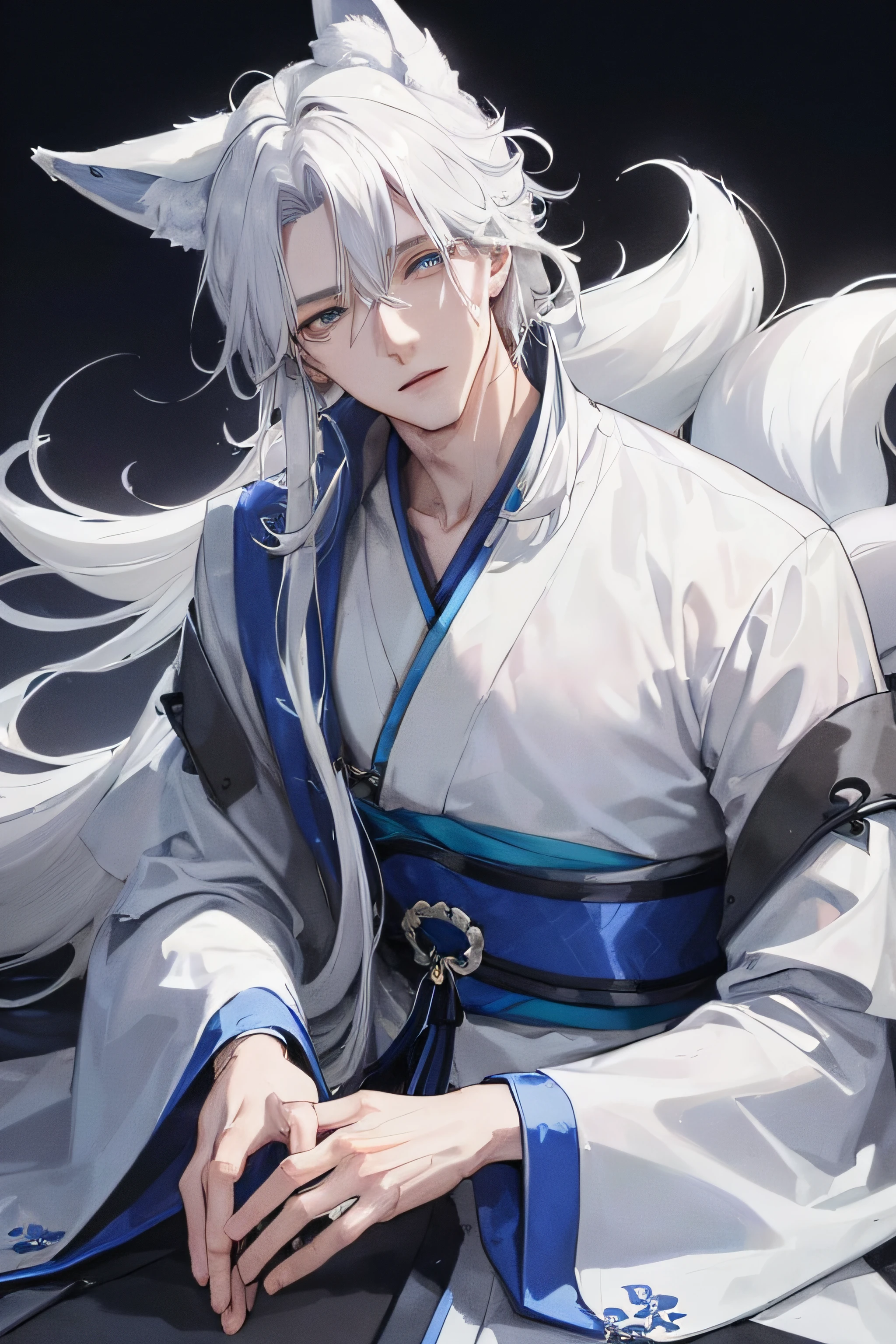 Masterpiece，Best quality，soio，White-haired fox，fox ear，Blue and white Hanfu，Immortals，solo person，Gray eye，mature，Handsome，male people，Lie down，sleep，Loose hair and clothes，Comfortable nights，Exquisite facial details,Dark background，the night，a sense of atmosphere