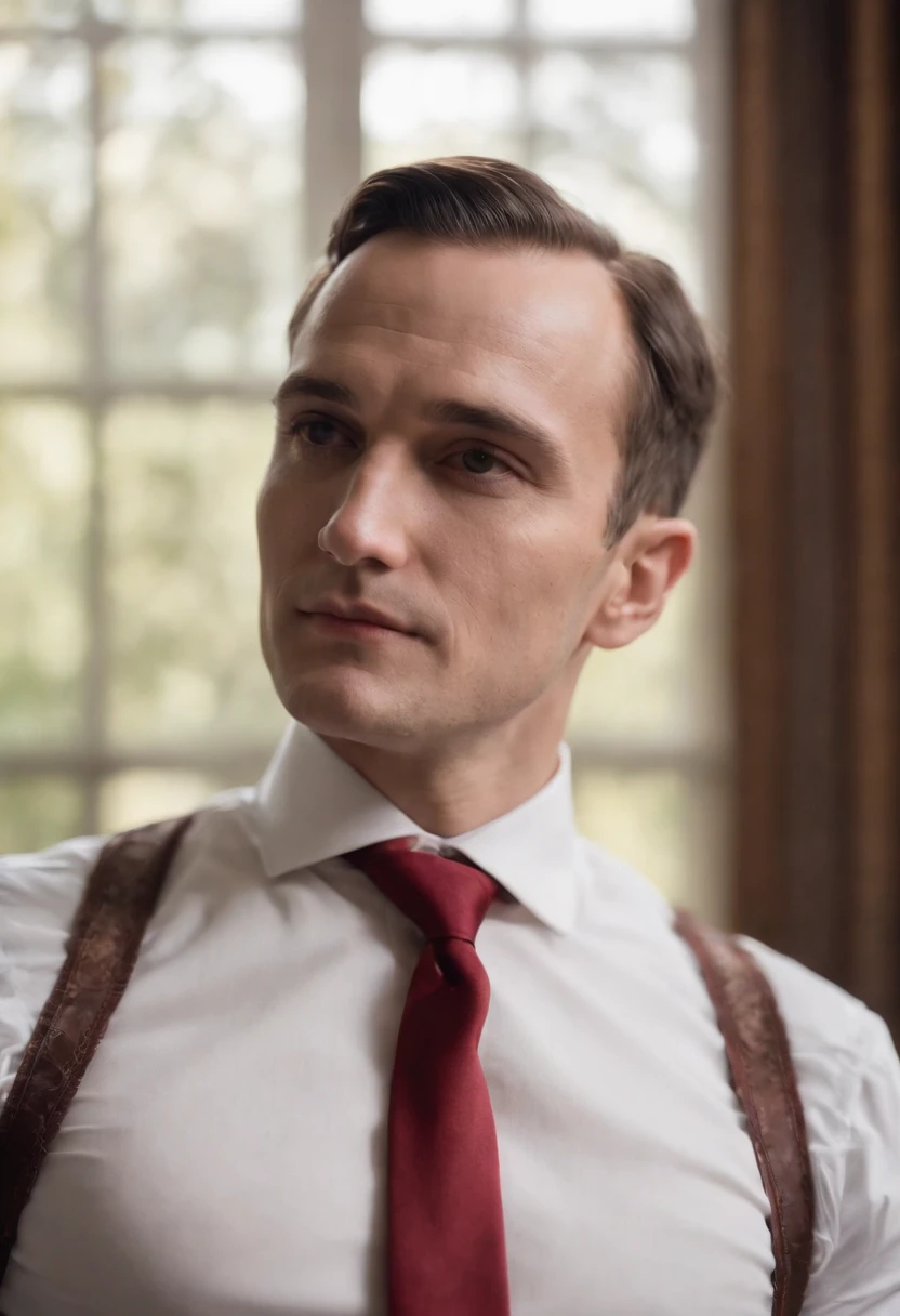 Retrato de Napoleon Hill vestindo terno preto, camisa branca e gravata vermelha