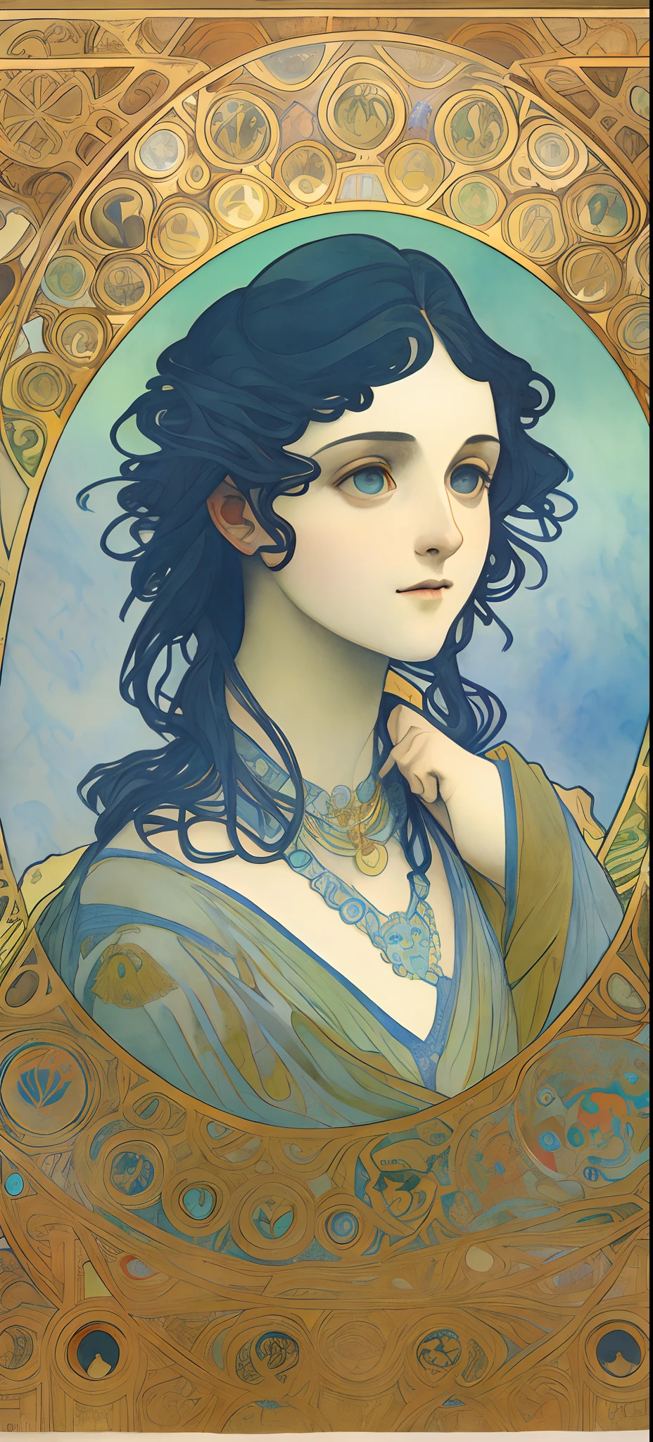 Uma pintura em aquarela super detalhada altamente definida, Um anjo, de corpo todo olhando para o horizonte, asas, arte detalhada da capa, com asas, Halo de Santidade, Observando, No estilo de Alphonse Maria Mucha e Gustave Kilmut, Acentos Arte Nova, Alphonse Mucha, Gustavo Klimt , pale bluish skin, a marble sculpture, CGSesociedade, gothic art, Arte Nova,