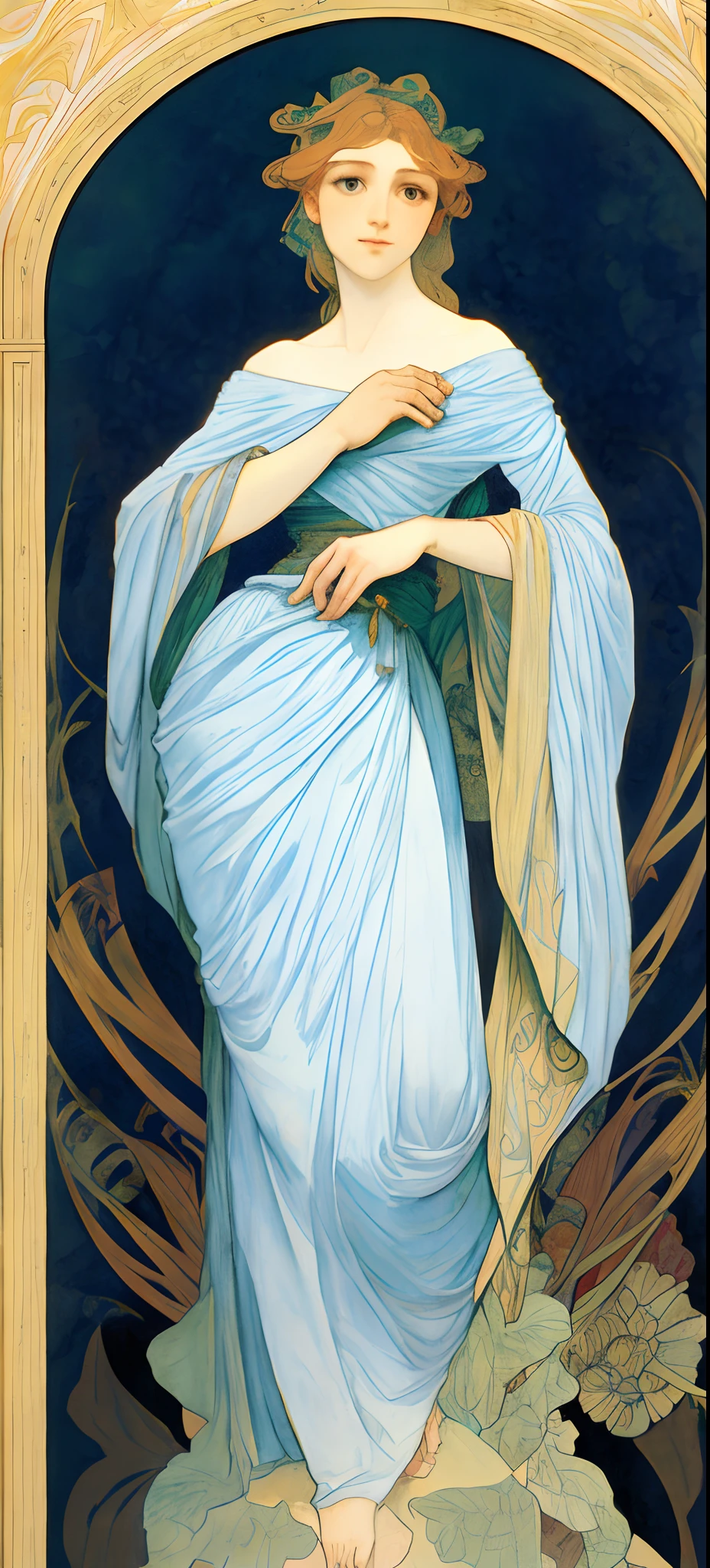 Uma pintura em aquarela super detalhada altamente definida, Um anjo, de corpo todo olhando para o horizonte, asas, arte detalhada da capa, com asas, Halo de Santidade, Observando, No estilo de Alphonse Maria Mucha e Gustave Kilmut, Acentos Arte Nova, Alphonse Mucha, Gustavo Klimt , pale bluish skin, a marble sculpture, CGSesociedade, gothic art, Arte Nova,