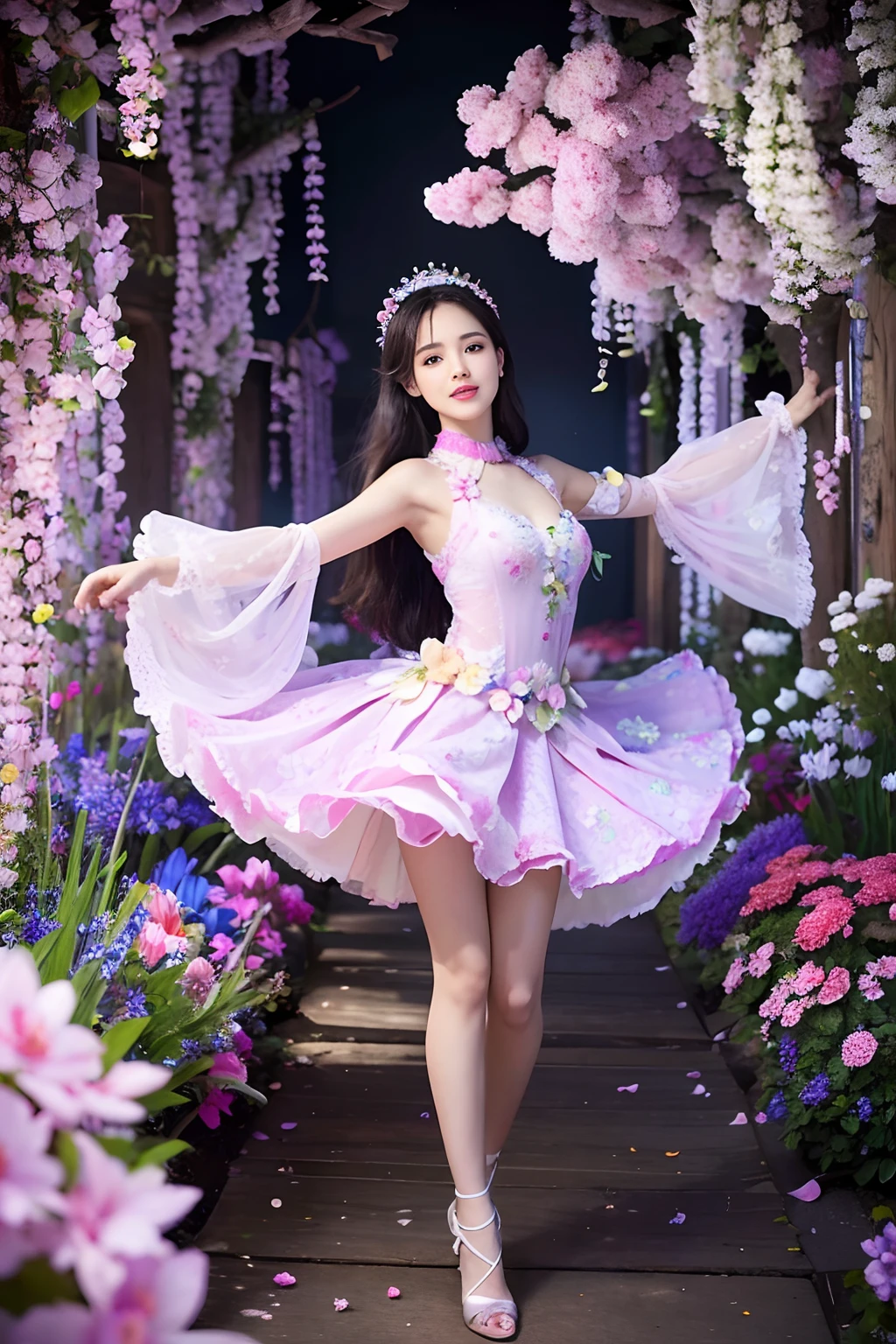 (​masterpiece、top-quality)、high resolution details、foco nítido、(Photoreal Stick:1.2)、1girl in、FULL BODYSHOT、The dynamism of the girl and the beauty of the flowers are seamlessly combined、florals々Dancing in a kaleidoscope of vividness and curvaceousness、Flowers react、Reflect her movements in a captivating fractal design、