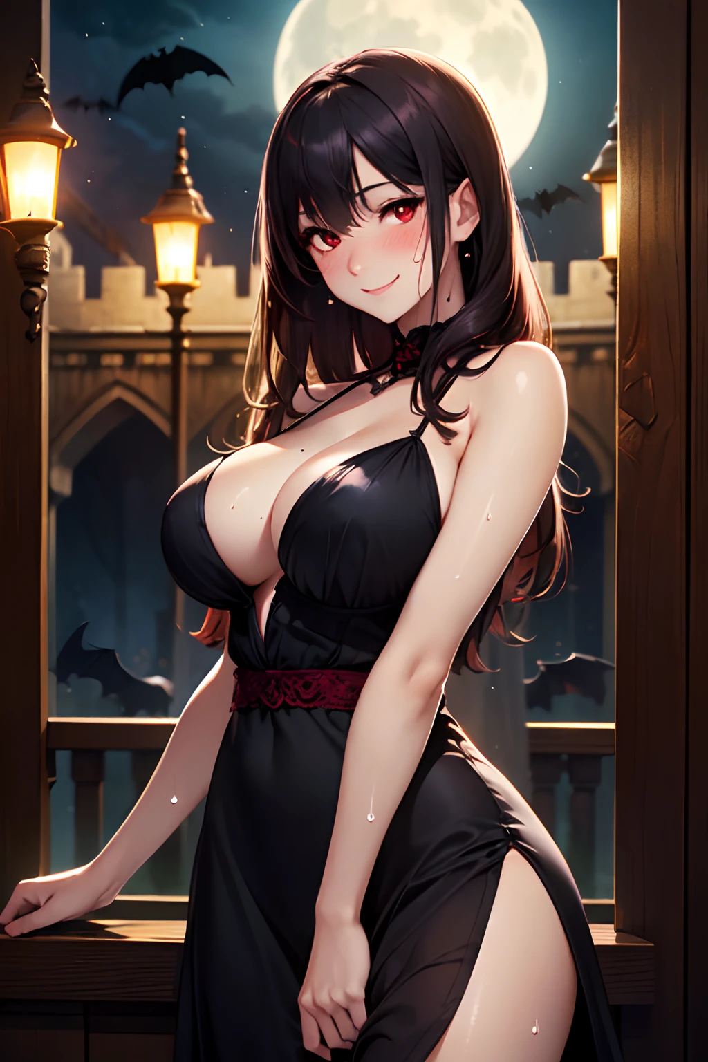 (High quality, High resolution, Fine details, Realistic), vampire, Old Castle, Night of the full moon, Bats are flying, Black Dress, solo, Adult Woman, ((Red eyes shining suspiciously)), Detailed eyes, smile, blush, Large breasts, Sweat, Oily skin, Shallow depth of field, Dark atmosphere