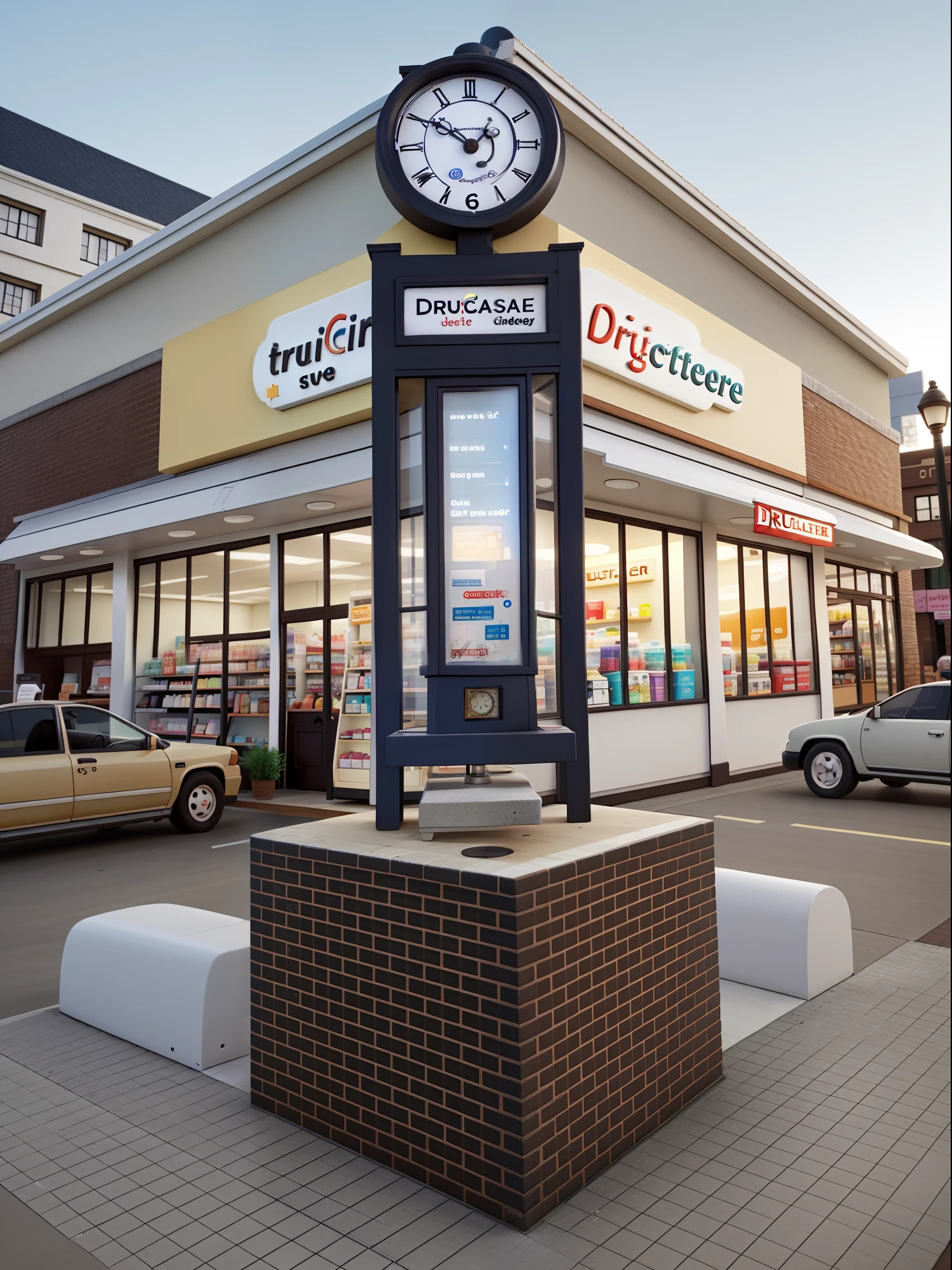 Cute drugstore and a huge clock