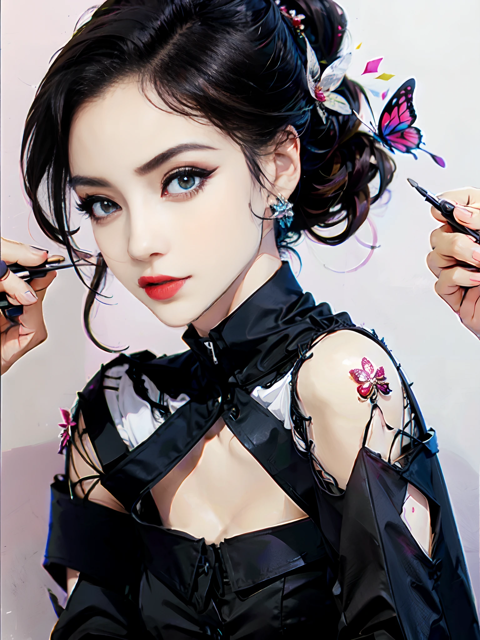 There is a woman with a butterfly on her head and a black top, pose artistique, avec maquillage professionnel, 🤬 🤮 💕 🎀, looking to the side, Photo de profil, inspired by Chinwe Chukwuogo-Roy, pose de profil glamour, Pose du profil, photo shoot, yeux bleus clairs, visage sexy avec maquillage complet, Photoshoot pour la marque de soins de la peau, with brown skin
