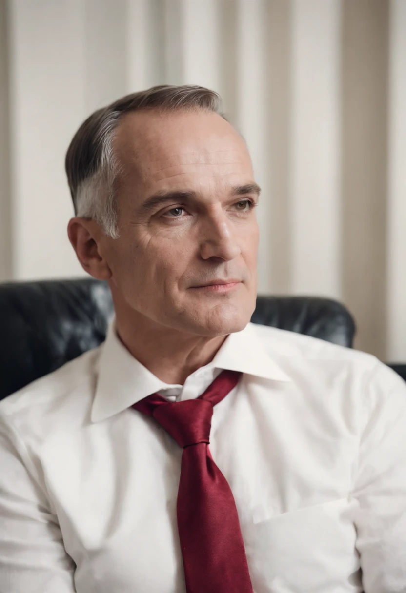 Napoleon Hill com 60 anos vestindo terno preto, camisa branca e gravata vermelha
