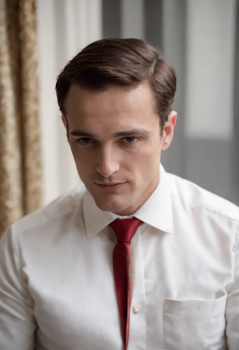 Napoleon Hill com 60 anos vestindo terno preto, camisa branca e gravata vermelha