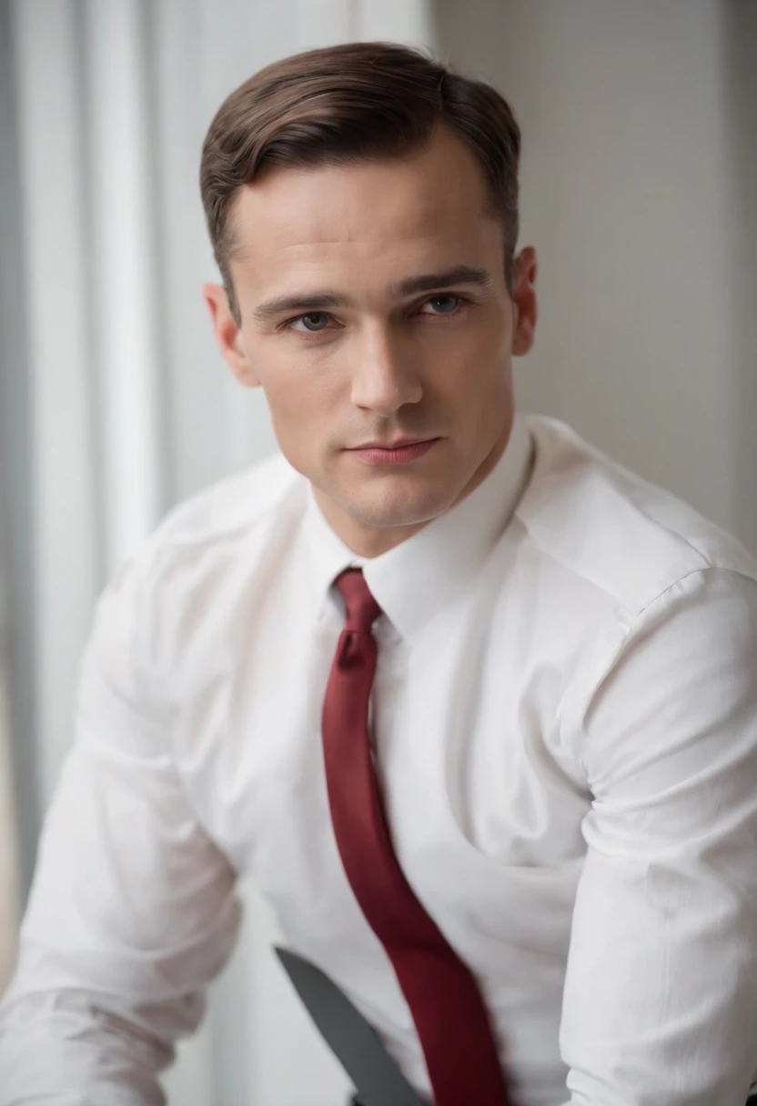 Napoleon Hill com 60 anos vestindo terno preto, camisa branca e gravata vermelha