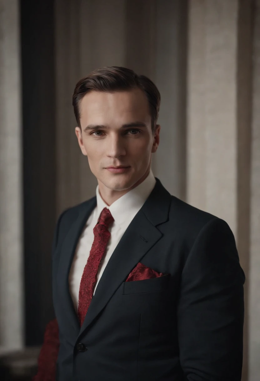 Napoleon Hill com 60 anos vestindo terno preto, camisa branca e gravata vermelha