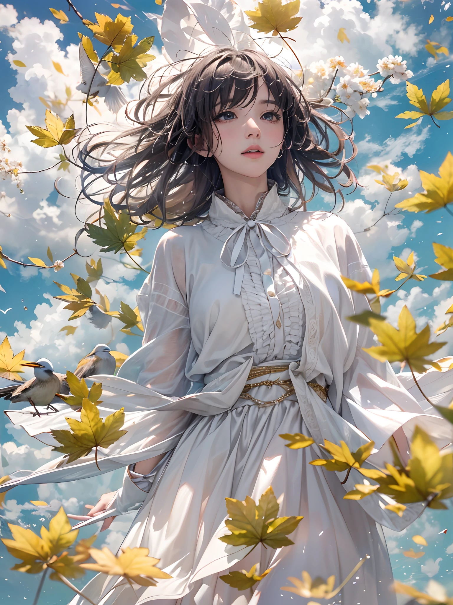 (best quality,4k,8k,highres,masterpiece:1.2),ultra-detailed,(realistic,photorealistic,photo-realistic:1.37)A girl walking in the sky of ChrysanthemumThe dappled sunlight gently announced the beginning of the journey,Water birds were dreaming of the last dream,The beauty of colorful tear drops like glass riding on the autumn wind,The memories of white and black will one day be filled with falling leaves,As if favored by the gods