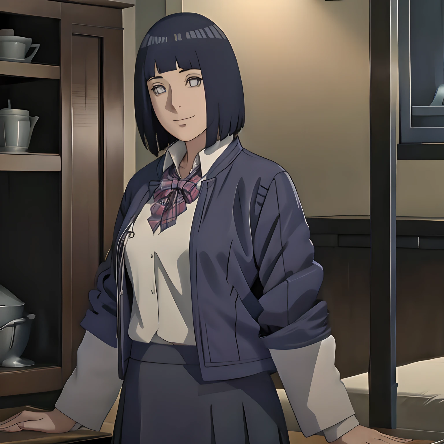 Chiaroscuro, masutepiece, Super Detail, High quality, awardwinning, 8K, dreamy watercolor, (girl), Solo, Smiling, High School Uniform, (Formal jacket dark blue), White shirt, Short tie, Short pleated skirt is plaid, Socks are dark navy, Theme color is dark navy, Full body shot, at studio, Detailed fingers, romantic, Cinematic Light, lighting on the face
