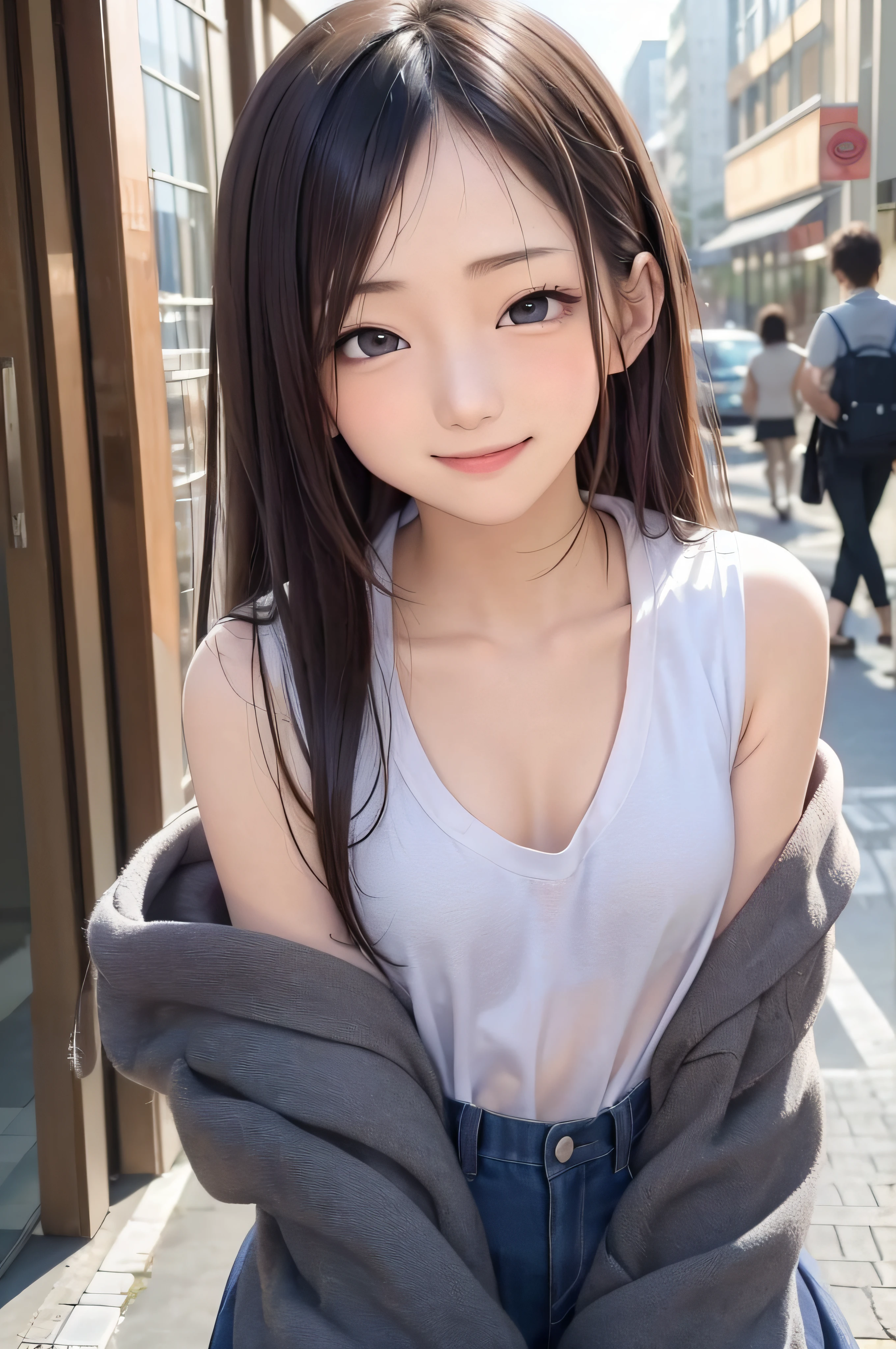 18year old、a smile、brown haired、beautidful eyes、real looking skin、hi-school girl、Bright illustration、small tits、(8K、​masterpiece)、(reallistic、Photorealsitic)、top-quality、ighly detailed、The ultra-detailliert、Beautie、cute little、japanes、Idol