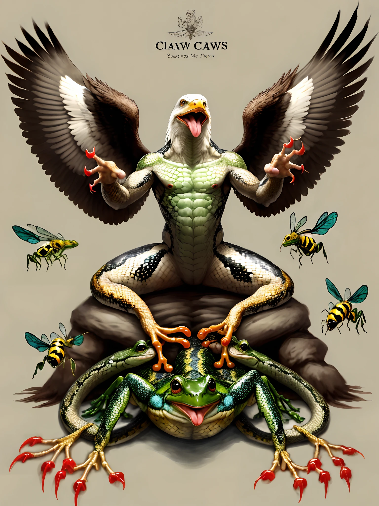 Create me a human with the claws and wings of an eagle, the tongue and legs of a frog, the teeth and scale of a snake and the sting of a wasp