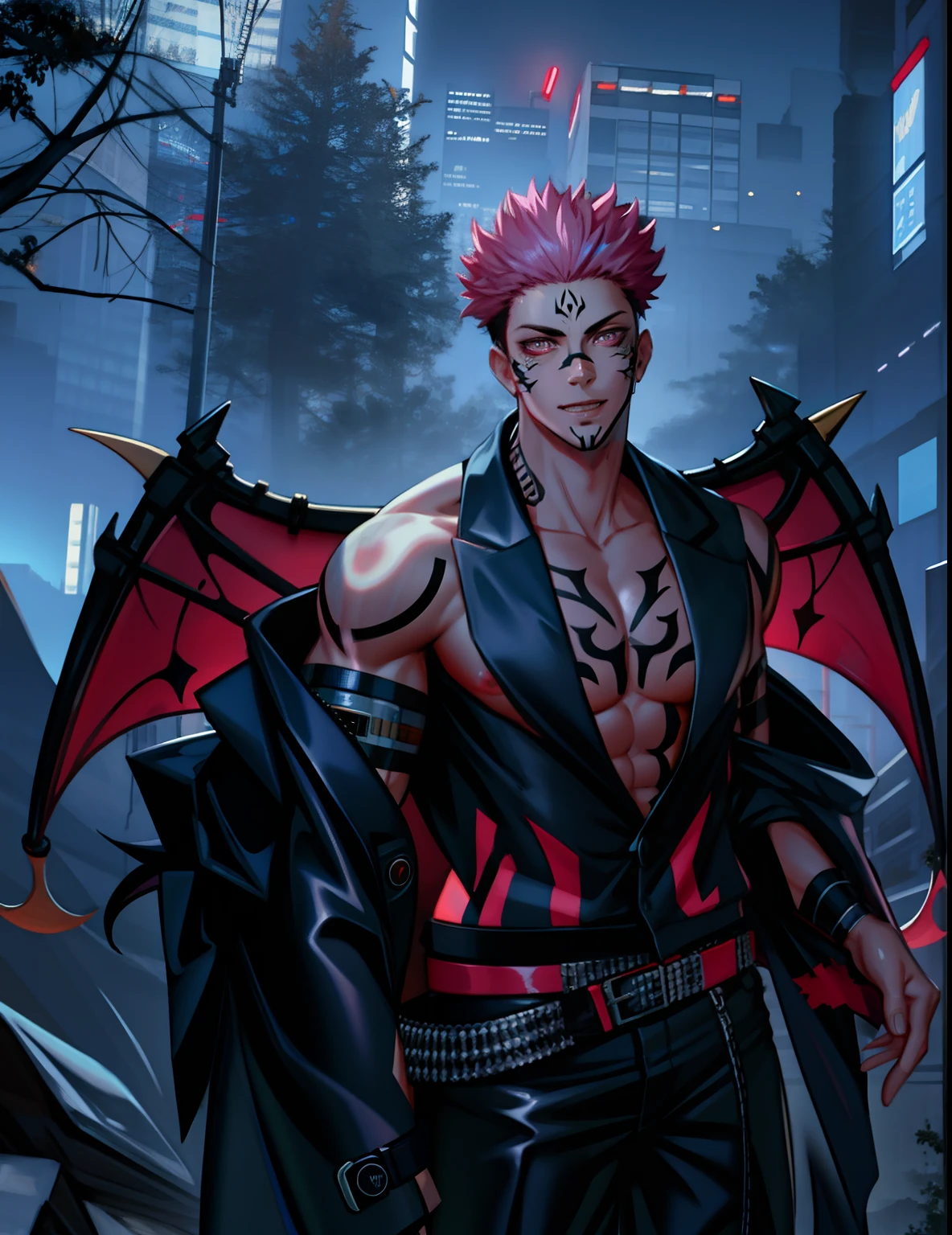 masterpiece, best quality, ultra-detailed, texture, detail eyes,8k, 1boy, Sukuna, a man with pink hair and shirtless, tattoo_ryoumen, tattoo_on_his_face, tattoo on body, looking at viewer, abs, detailed eyes, detailed face, (masterpiece:1.4),(best quality:1.4),(shiny skin),realistic, bright, neon lights, night, midnight, city, cyberpunk, light ,