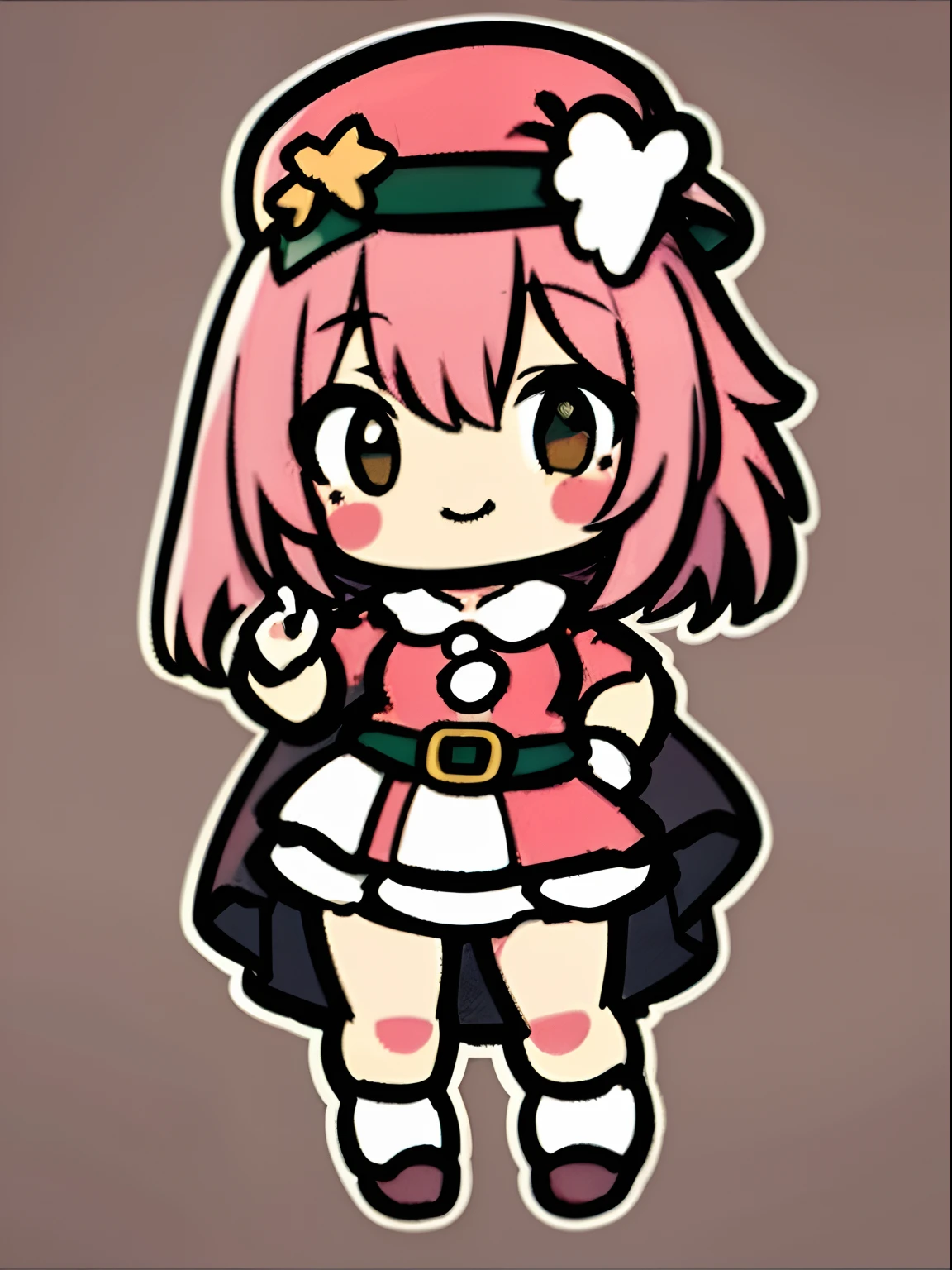 a sticker、top-quality、hight resolution、masterpiece、8K、Chibi、Silly、1beautiful girl、kawaii、Rabbit ears、Pink shorthair、A smile、Santa Claus Costume、Raise one arm、Pointing with your hand、Santa Claus hat、a miniskirt、