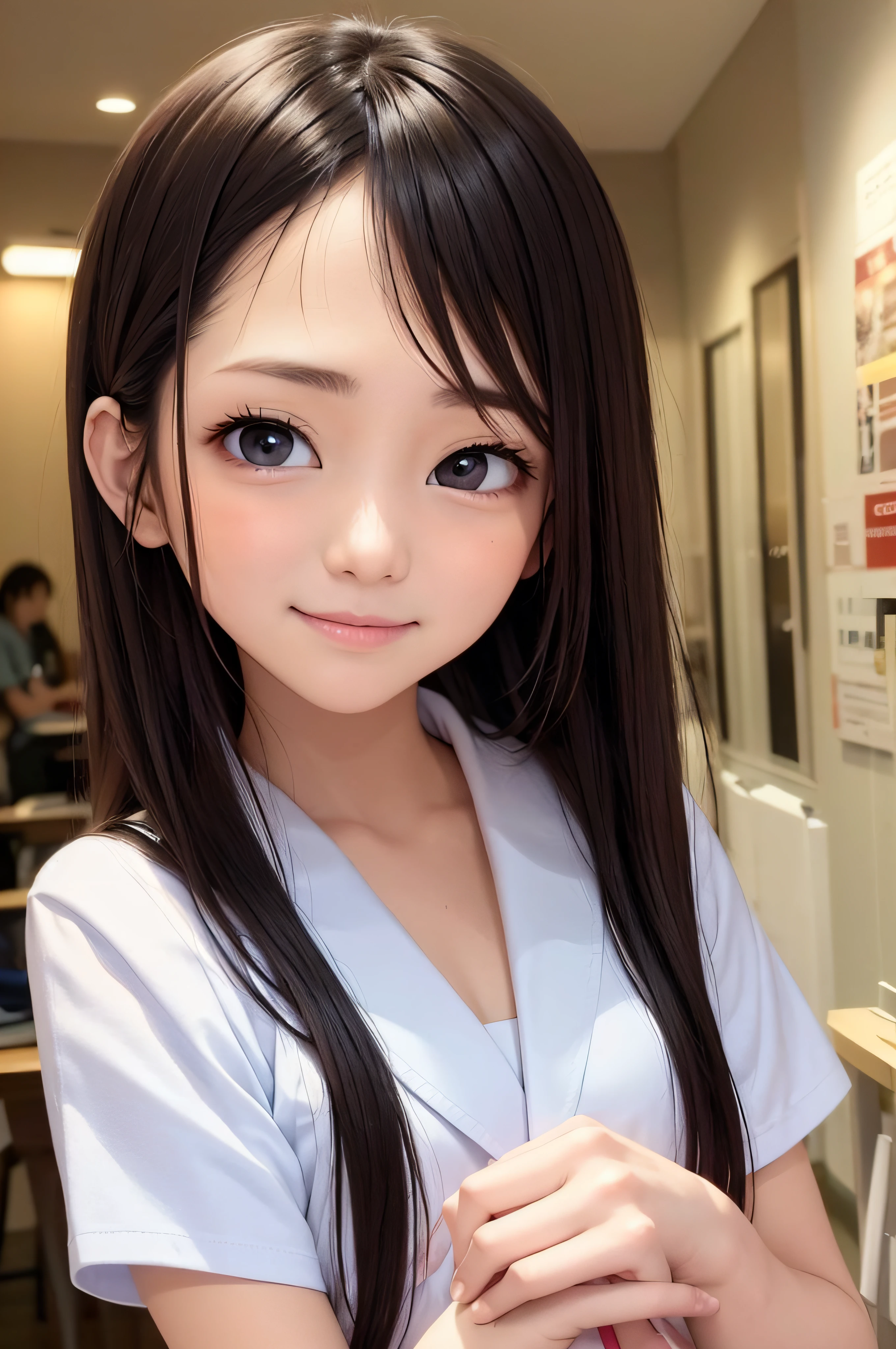 ars、brown haired、beautidful eyes、real looking skin、hi-school girl、a sailor suit、small tits、(8K、masterpiece)、(reallistic、Photorealsitic)、top-quality、ighly detailed、The ultra-detailliert、Beautie、cute little、japanes、Idol、a smile、Close-up portrait、Healthy face